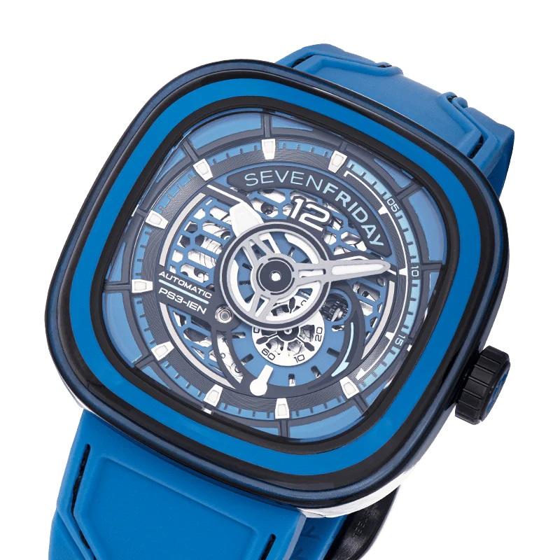 SIZE: 47,6 x 47 x 14.5 mm (w x h x d)
CASE: Stainless steel coated in Gun Metal PVD
ANIMATION RING: Multi-layered made of Carbon fiber and Blue colored resin
CASEBACK: Stainless steel
BEZEL: Stainless steel coated in Gun Metal PVD

DIAL: Four layers