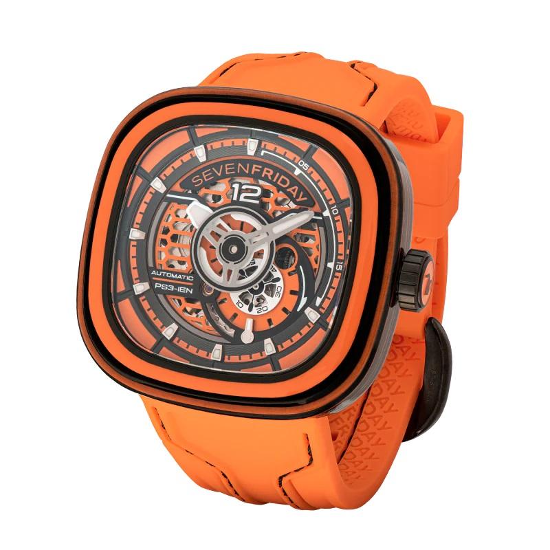 SIZE: 47,6 x 47 x 14.5 mm (w x h x d)
CASE: Stainless steel coated in Gun Metal PVD
ANIMATION RING: Multi-layered made of Carbon fiber and Orange colored resin
CASEBACK: Stainless steel
BEZEL: Stainless steel coated in Gun Metal PVD

DIAL: Four