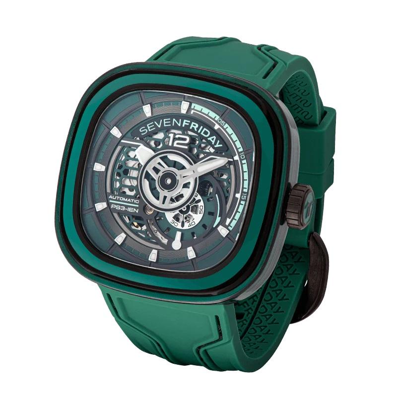 SIZE: 47,6 x 47 x 14.5 mm (w x h x d)
CASE: Stainless steel coated in Gun Metal PVD
ANIMATION RING: Multi-layered made of Carbon fiber and Green colored resin
CASEBACK: Stainless steel
BEZEL: Stainless steel coated in Gun Metal PVD

DIAL: Four