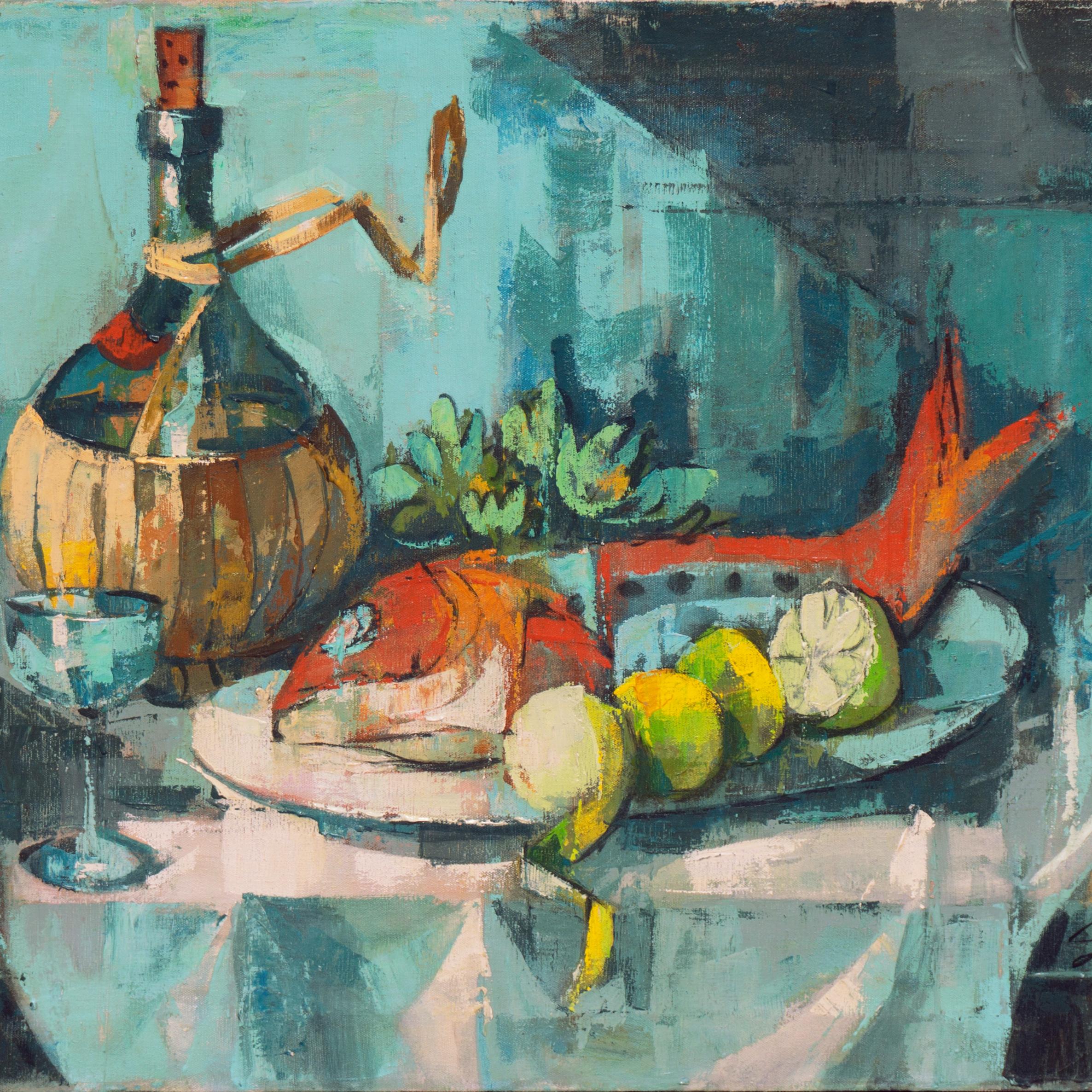 Nature morte au poisson et à la bouteille de Chianti - Post-impressionnisme Painting par Sevenger