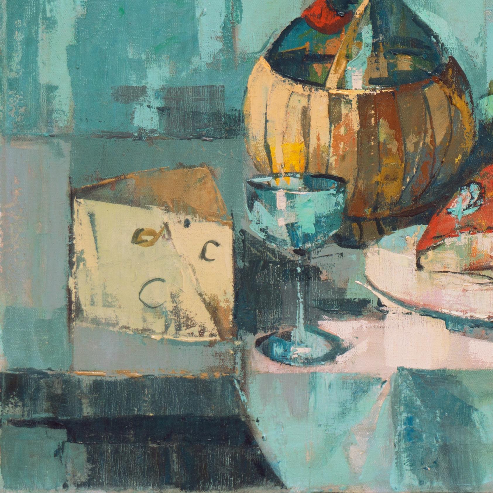 Nature morte au poisson et à la bouteille de Chianti - Gris Still-Life Painting par Sevenger