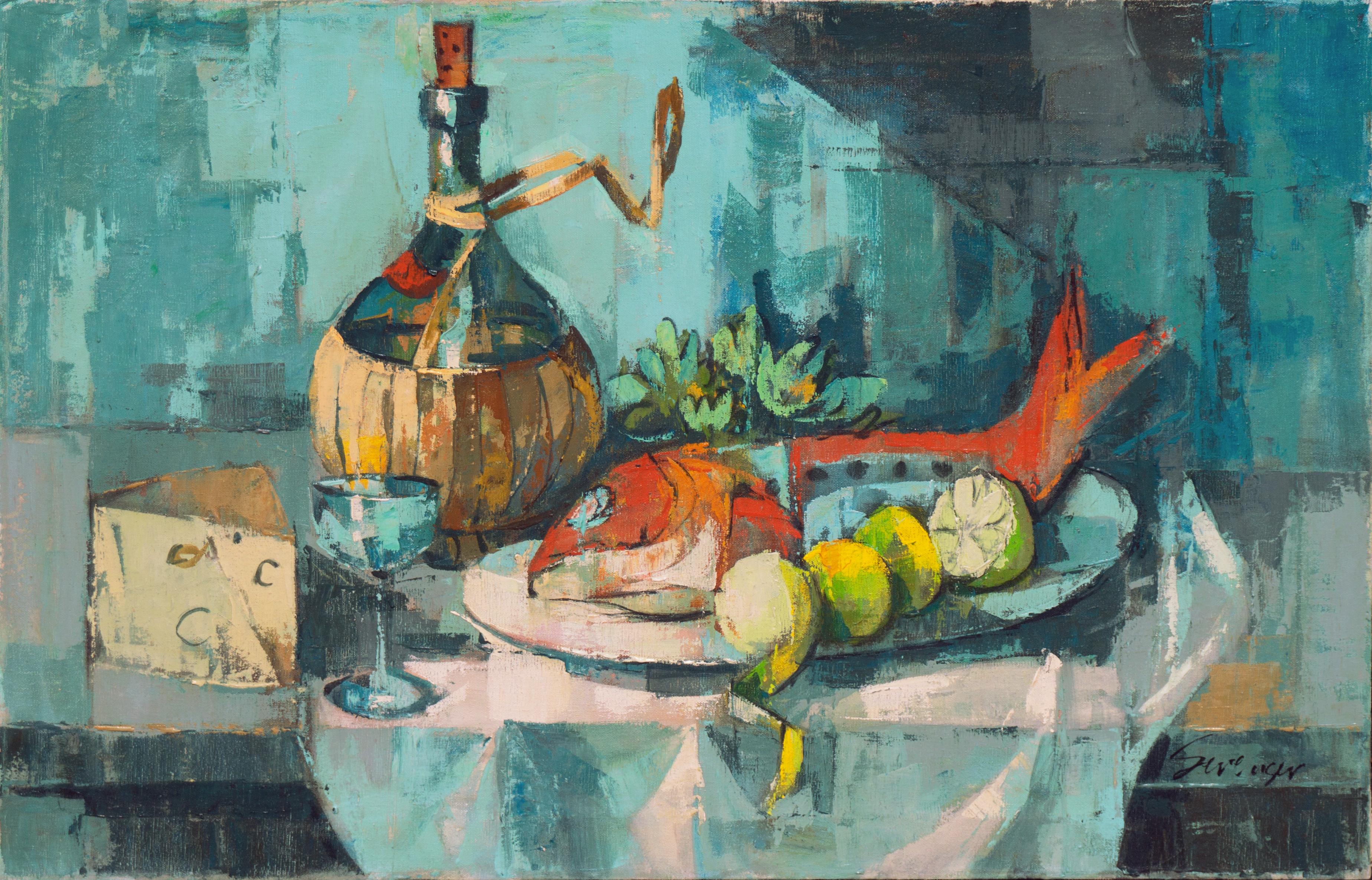 Sevenger Still-Life Painting - 'Still Life with Fish & Chianti Bottle'