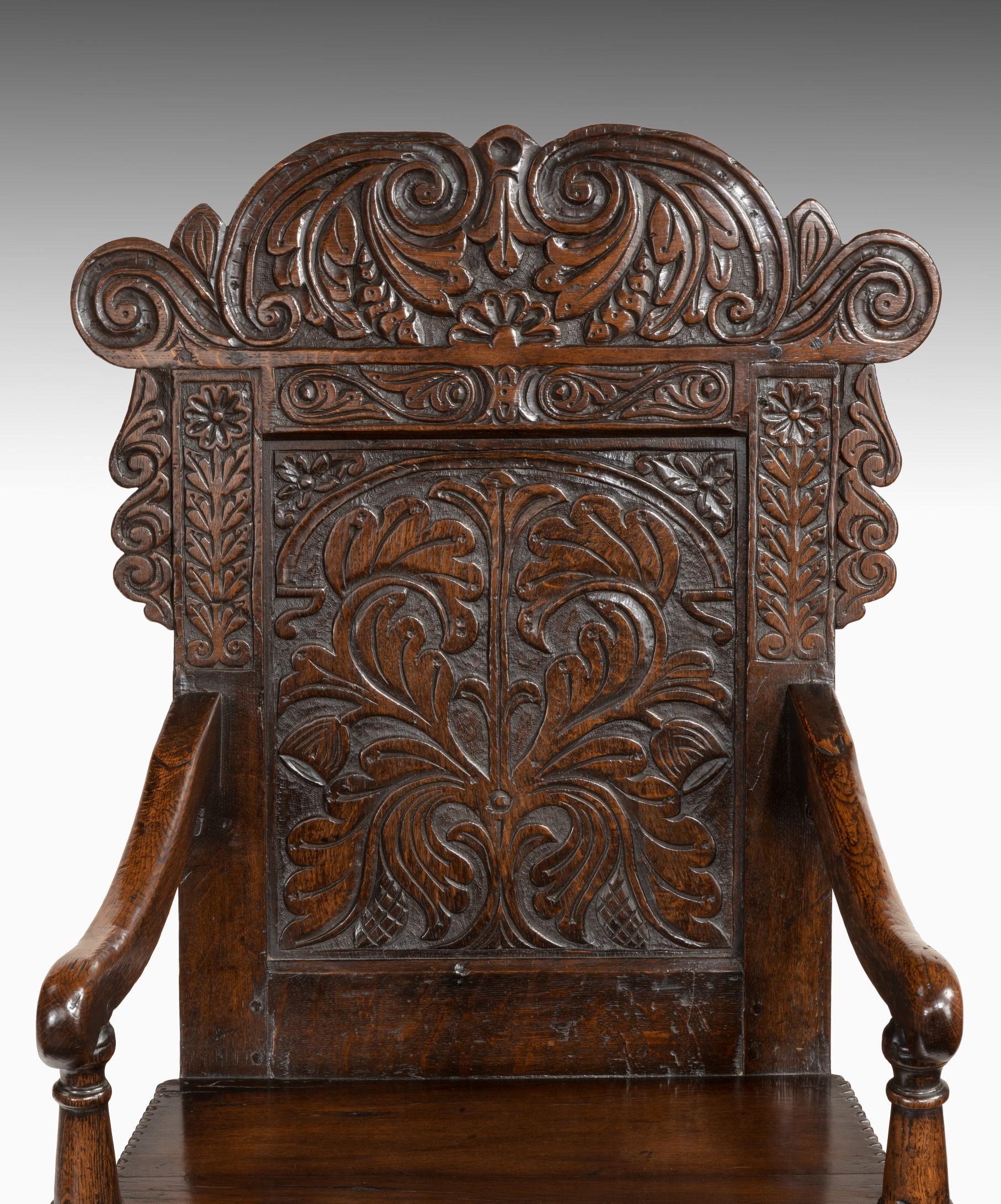 English 17th Century Carved Oak Wainscot Armchair
