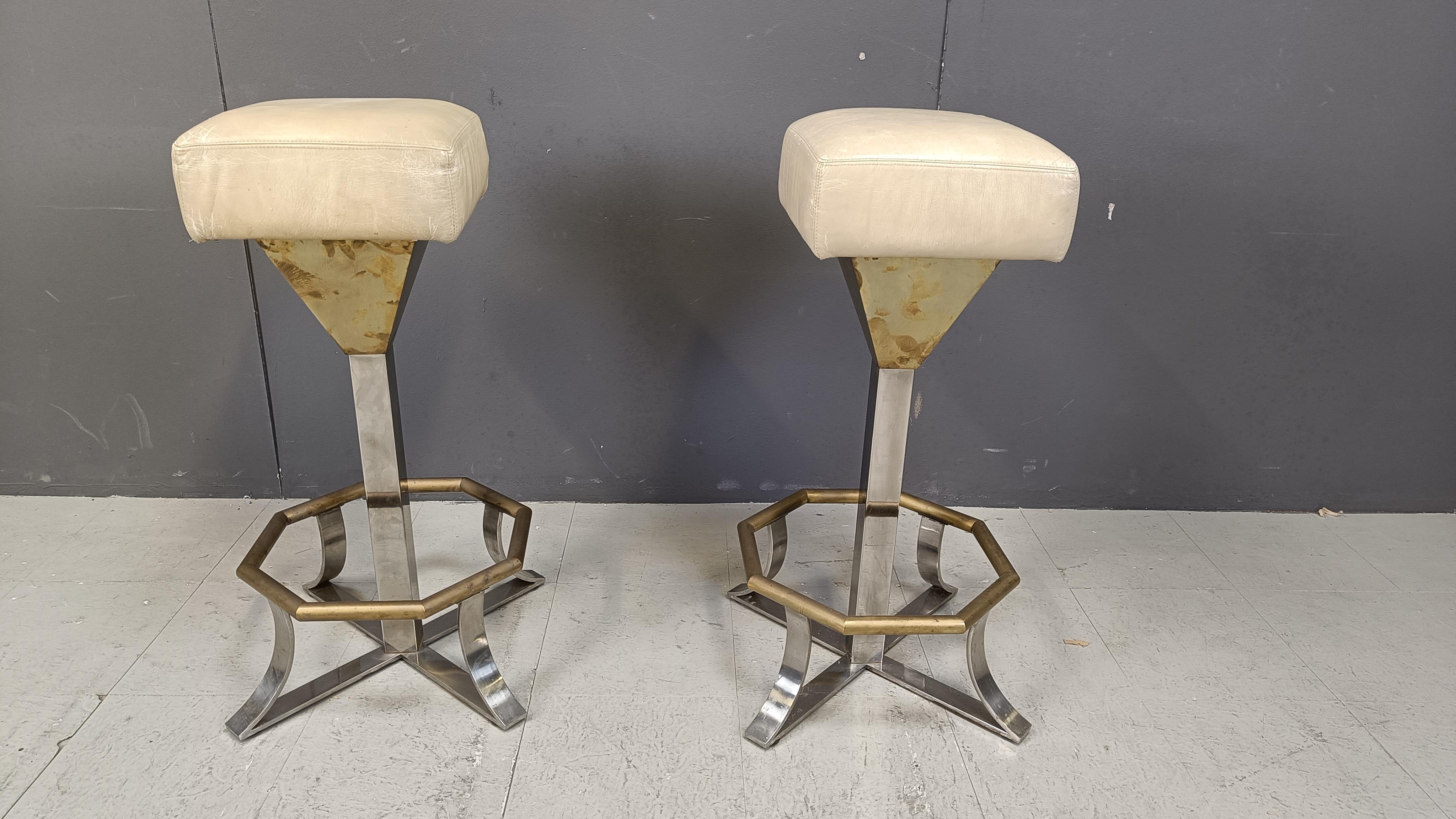 Seventies brass and chrome bar stools, set of 2, 1970s For Sale 4