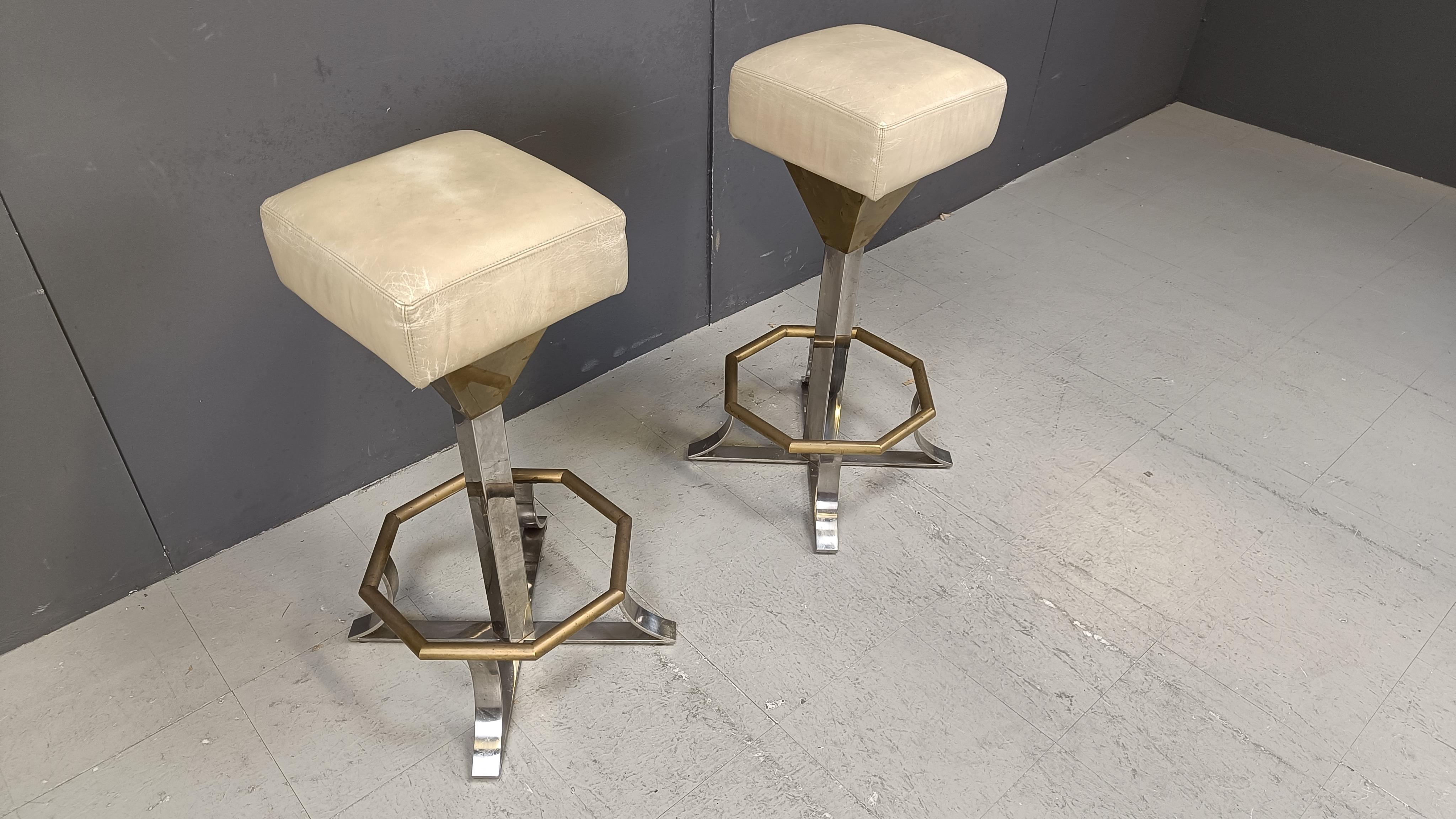 Seventies brass and chrome bar stools, set of 2, 1970s For Sale 5