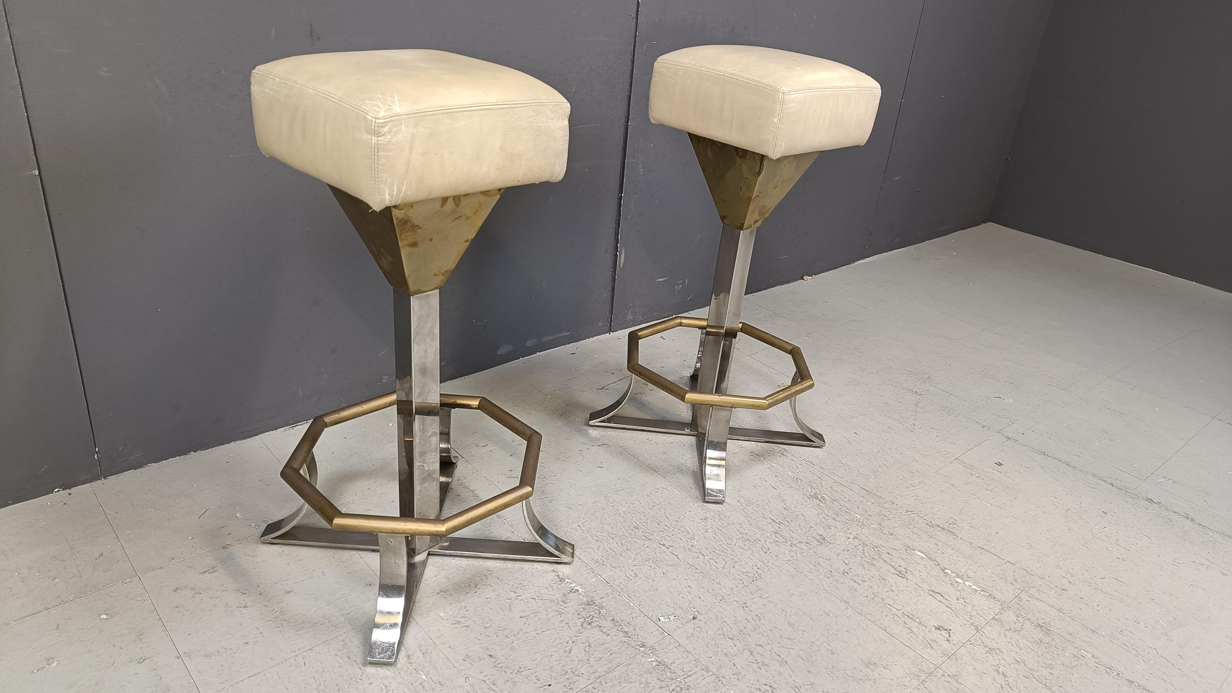 Seventies brass and chrome bar stools, set of 2, 1970s For Sale 6