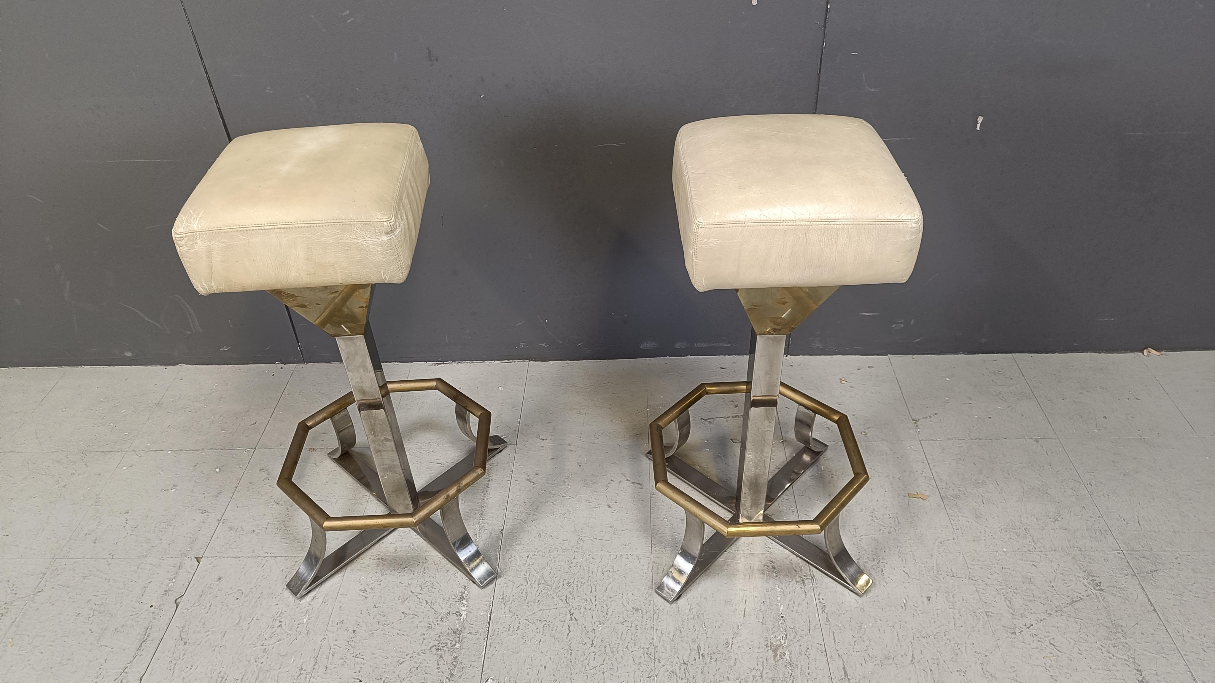 Seventies brass and chrome bar stools, set of 2, 1970s In Good Condition For Sale In Leuven, Vlaams Gewest