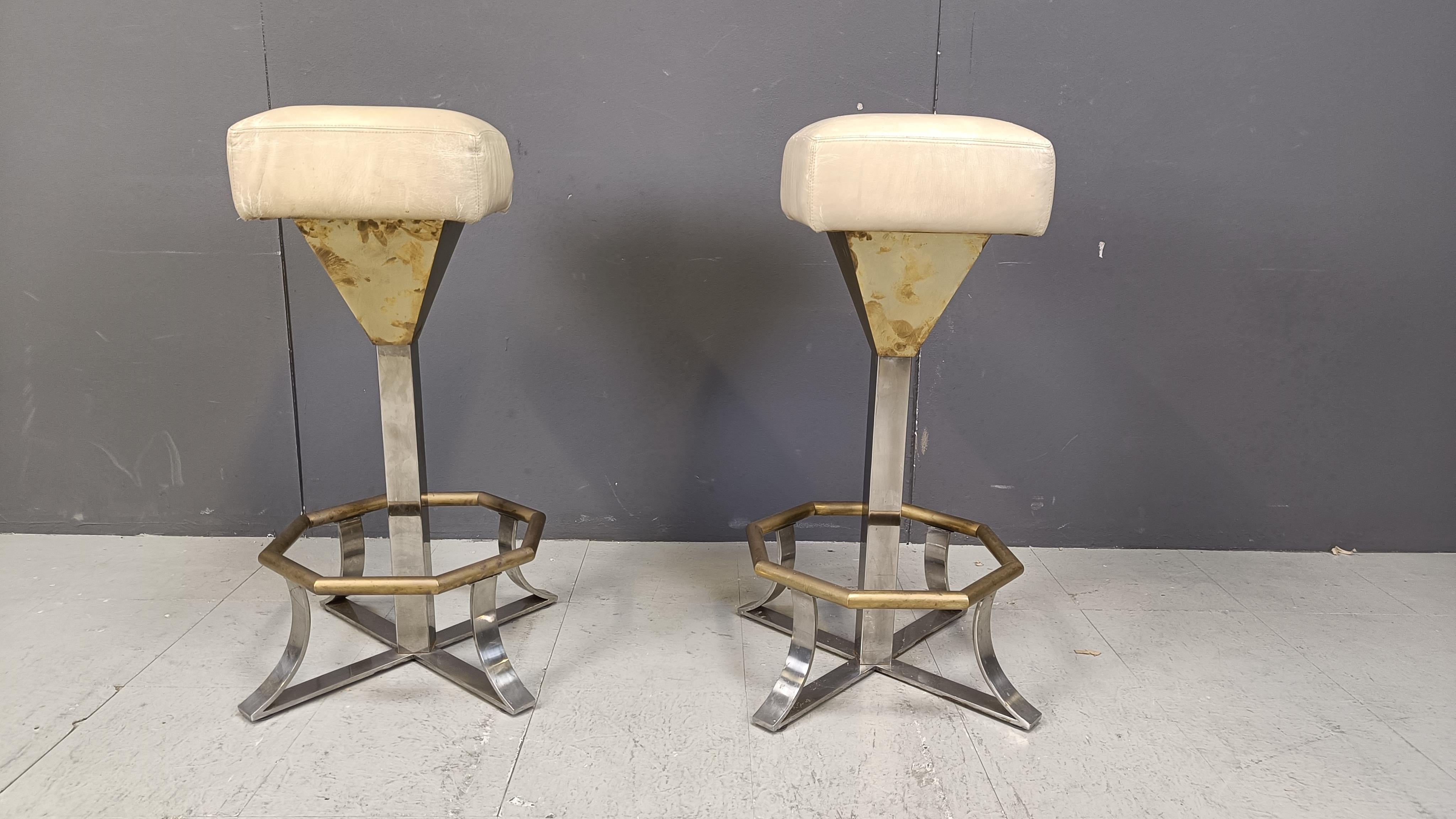 Brass Seventies brass and chrome bar stools, set of 2, 1970s For Sale