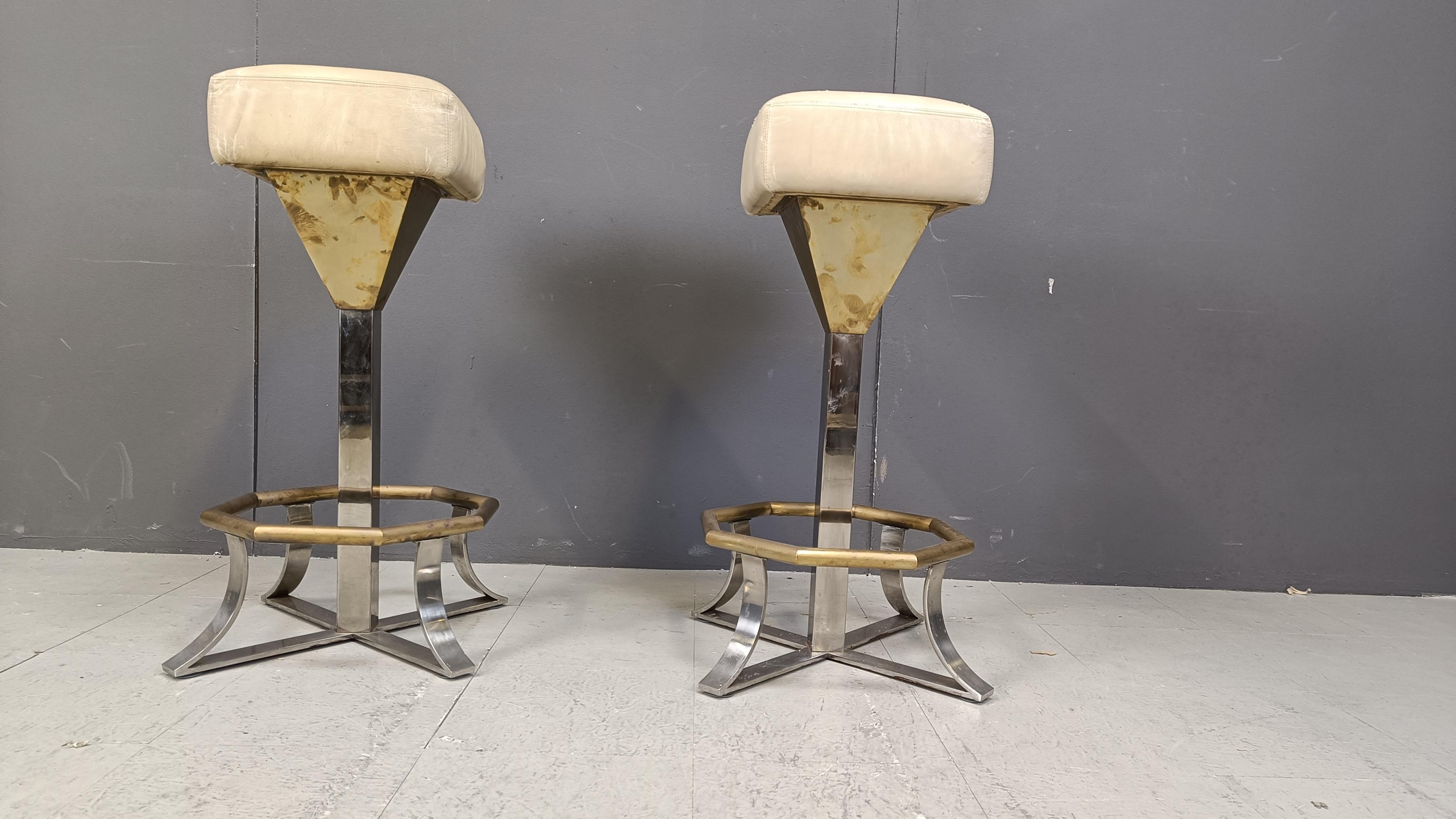 Seventies brass and chrome bar stools, set of 2, 1970s For Sale 1