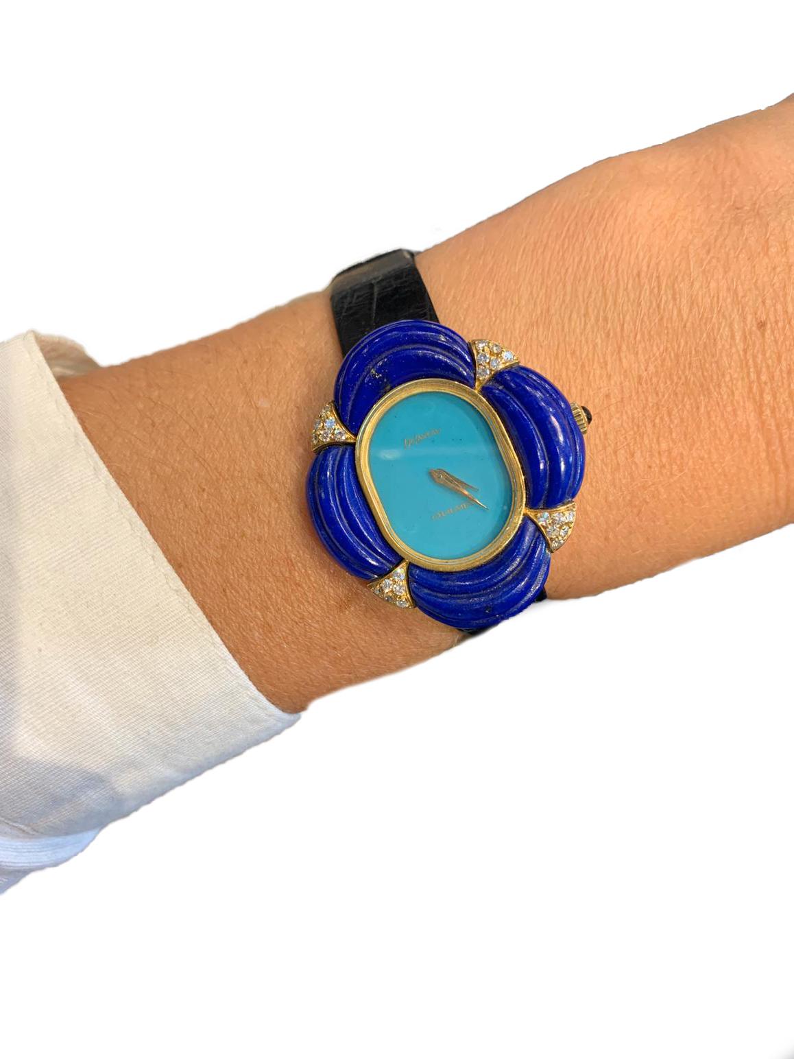 Seventies Chaumet Watch, Diamonds, Lapis Lazuli and Turquoise In Excellent Condition In Paris, IDF