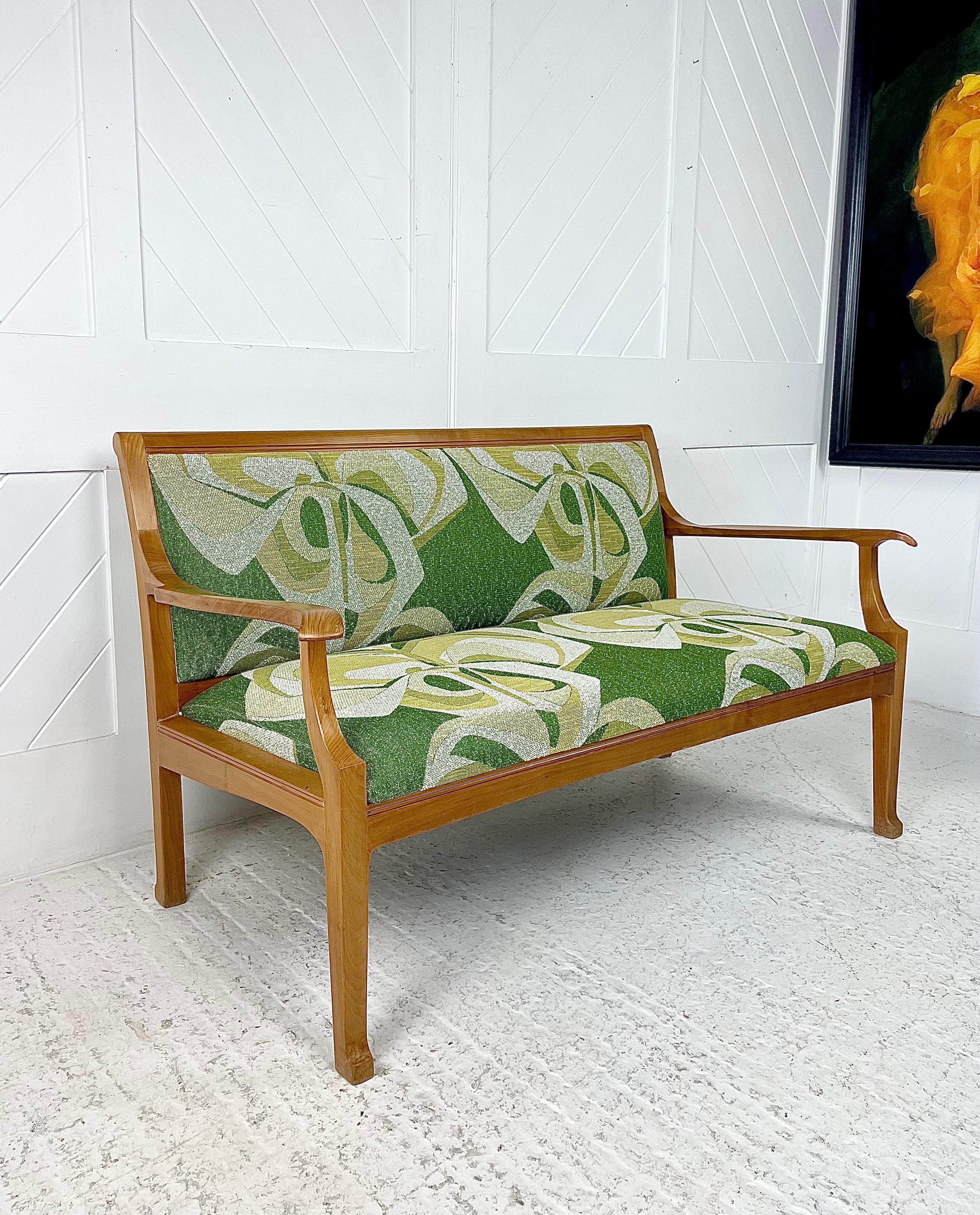 Seventies cherrywood 2 seater settee
By Edward Barnsley
Circa 1979 with original receipt

Re-upholstered in Edinburgh Weavers fabric ‘Kabadi”
Designed by John Wright 1968 - jacquard weave rayon and cotton
Circa 1979 with original receipt

Edward