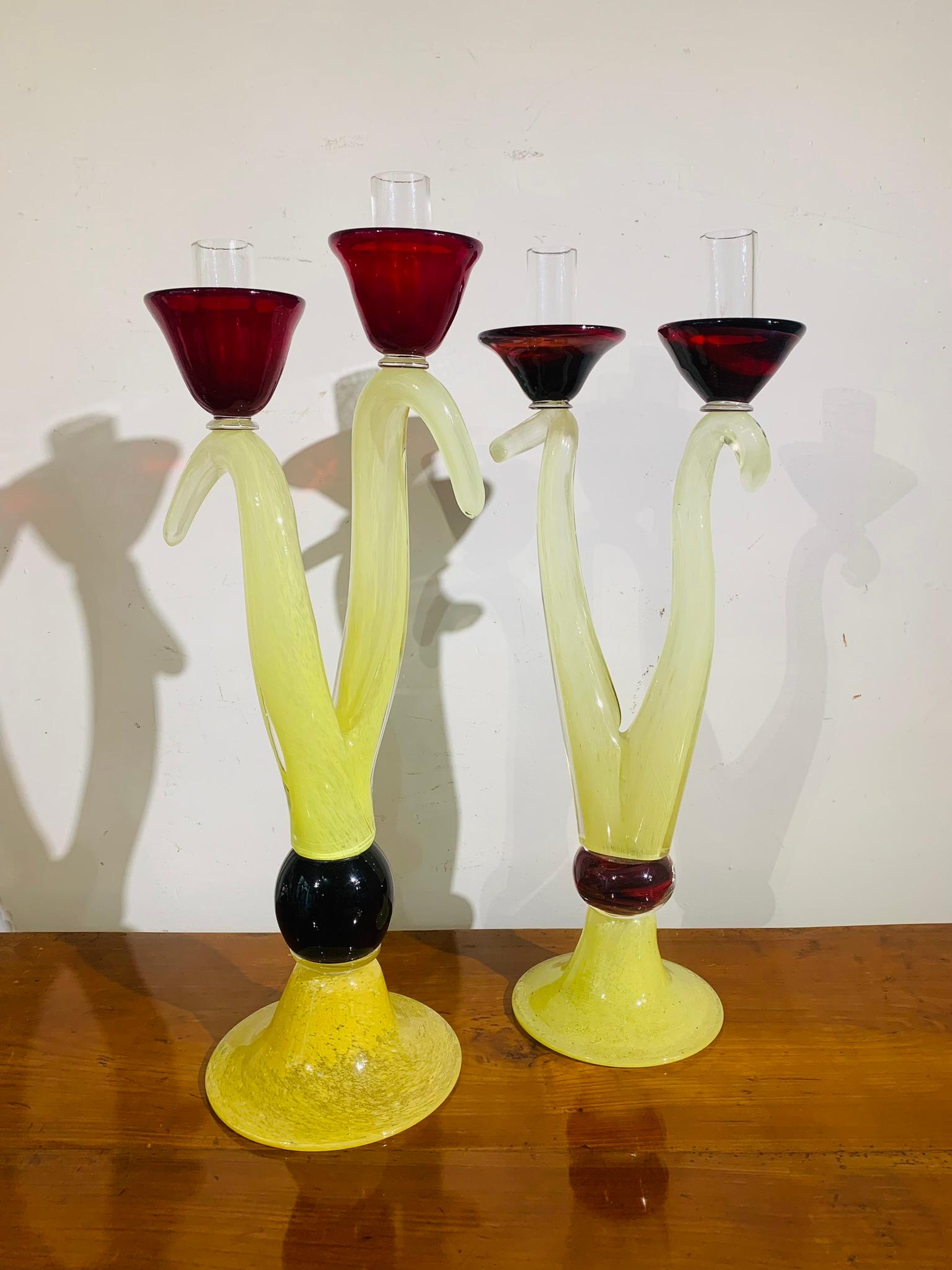 Italian Seventies Couple of Murano Glass Candelabras For Sale