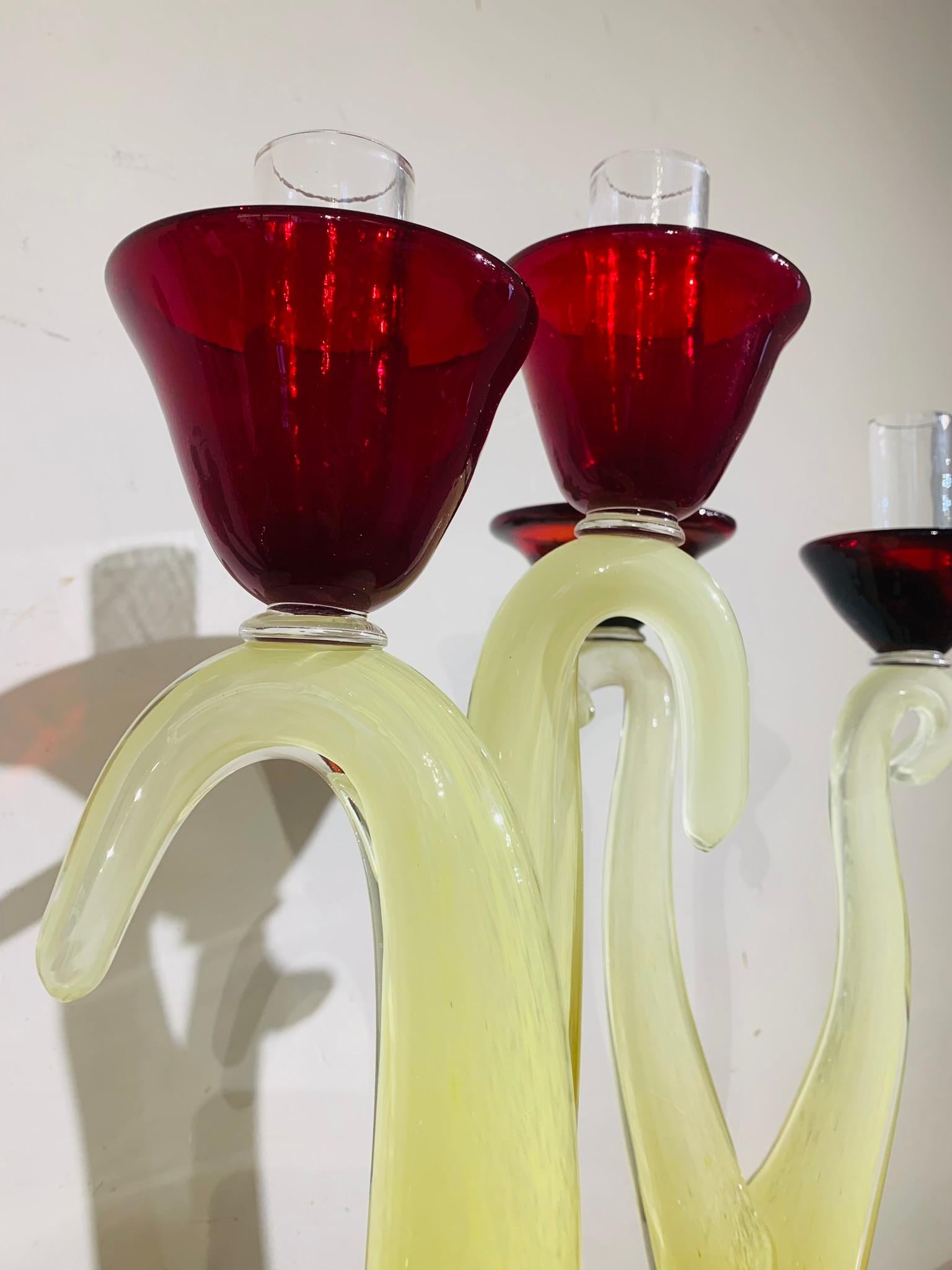 Late 20th Century Seventies Couple of Murano Glass Candelabras For Sale