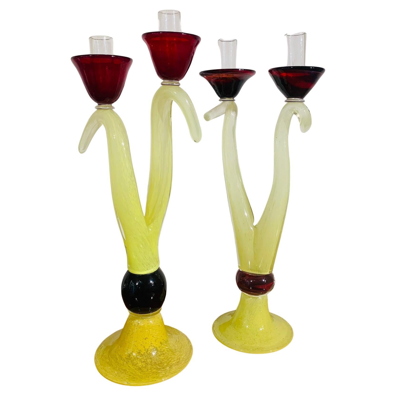 Seventies Couple of Murano Glass Candelabras