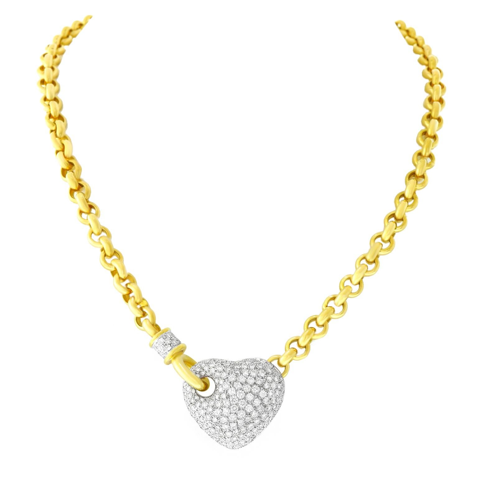 Brilliant Cut Seventies Diamond Pave Heart on Heavy Gold Necklace For Sale