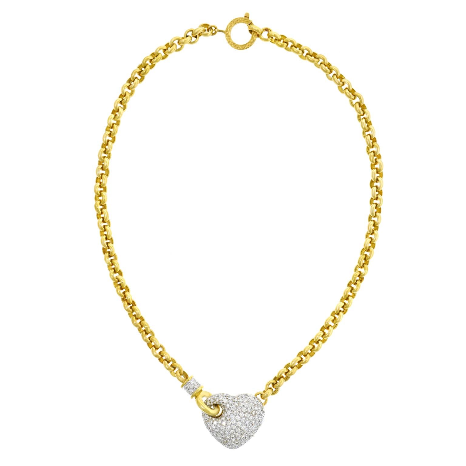 Seventies Diamond Pave Heart on Heavy Gold Necklace For Sale 4