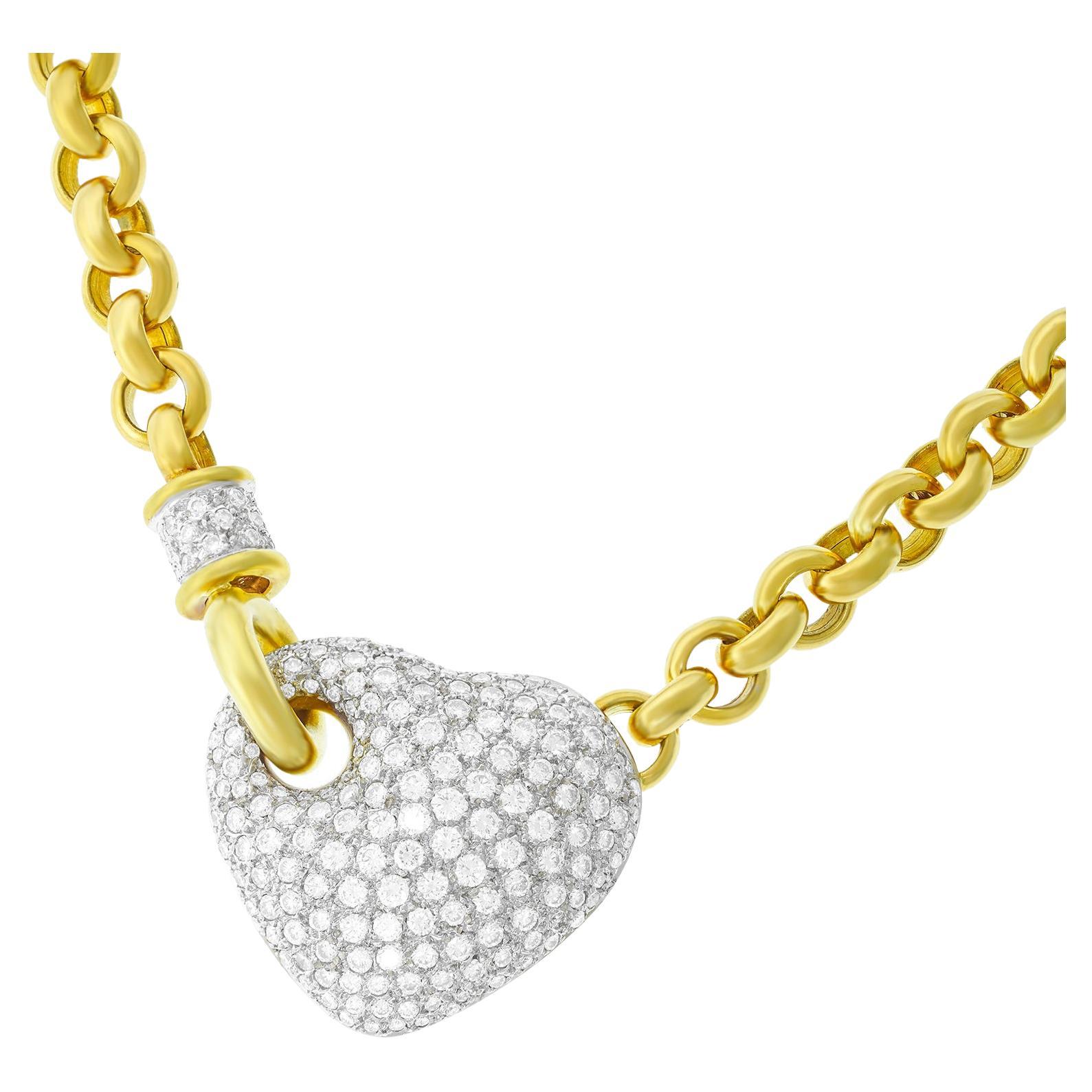 Seventies Diamond Pave Heart on Heavy Gold Necklace For Sale