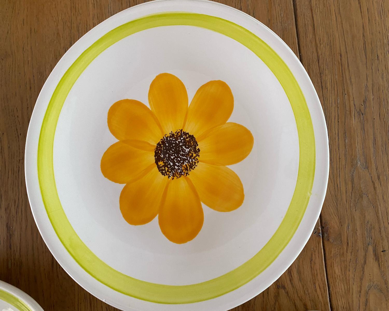 Beautiful sunny hand-painted tableware from Gien France. The set is exposed of:
8 dinner plates
8 breakfast plates
8 soup plates
1 serving bowl (20 cm diameter and 10 cm high)
1 serving plate ( 38 cm width and 23 cm deep)

Dishwasher safe.