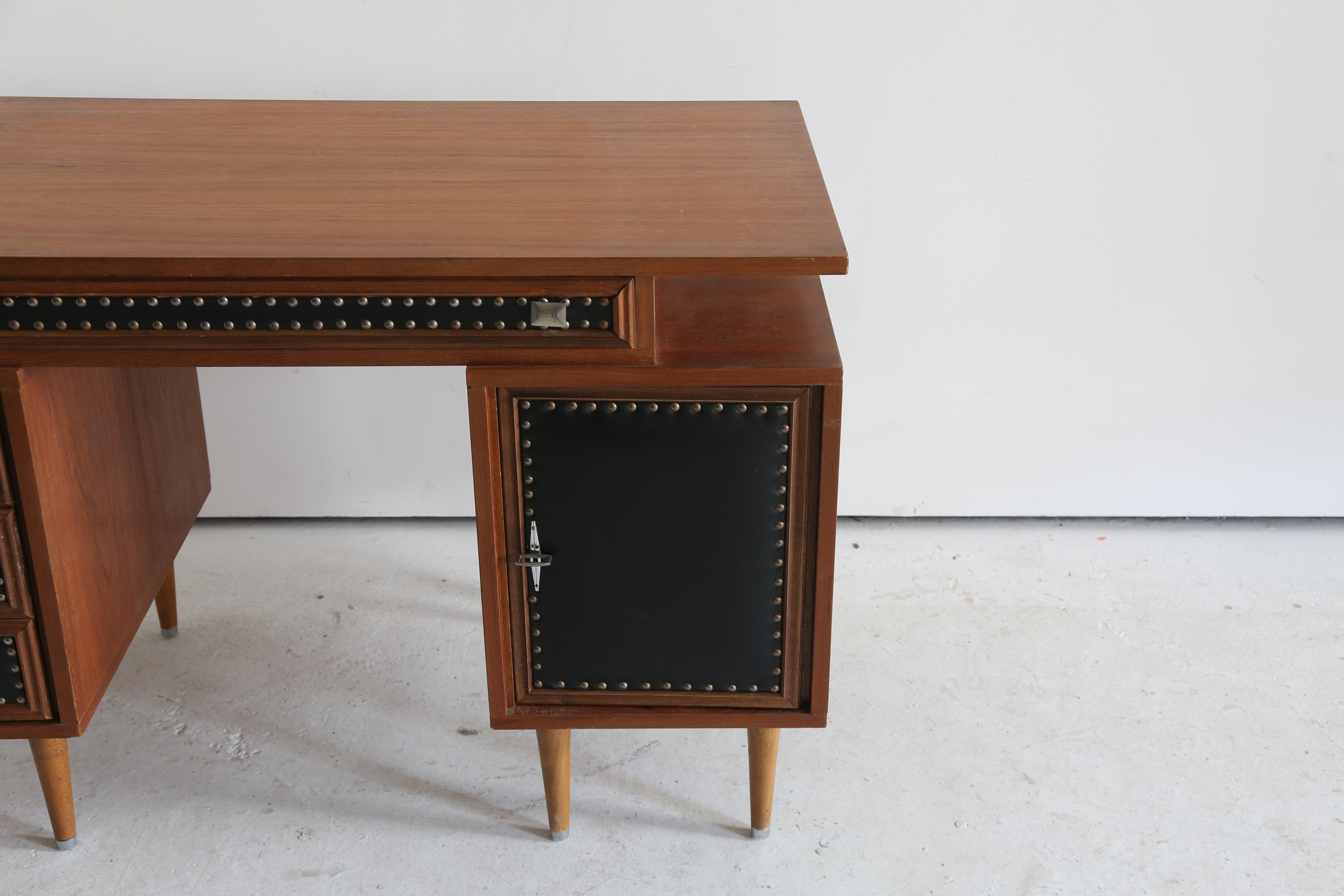 French Seventies Studded Teak Desk For Sale
