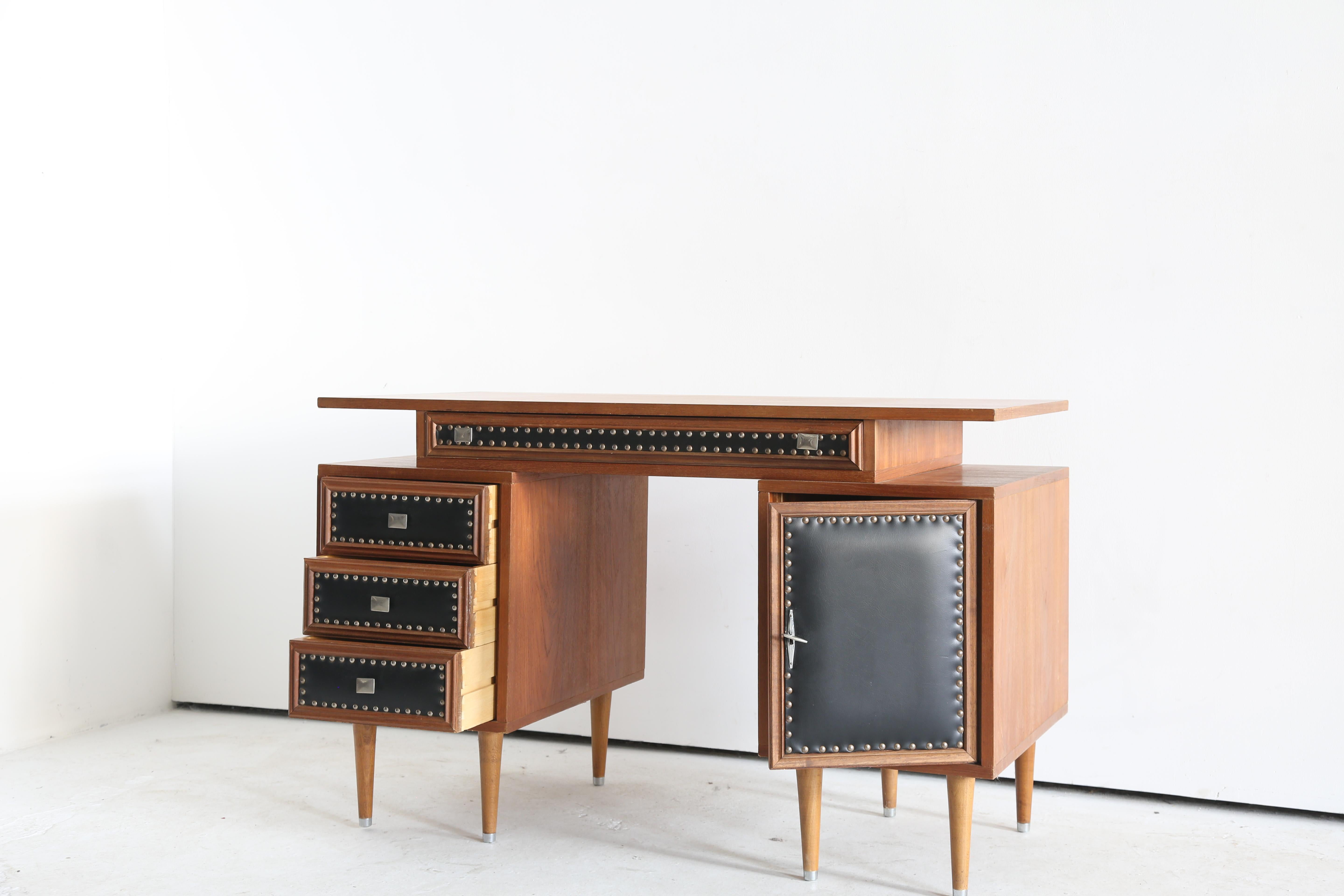 Seventies Studded Teak Desk In Good Condition For Sale In London, England