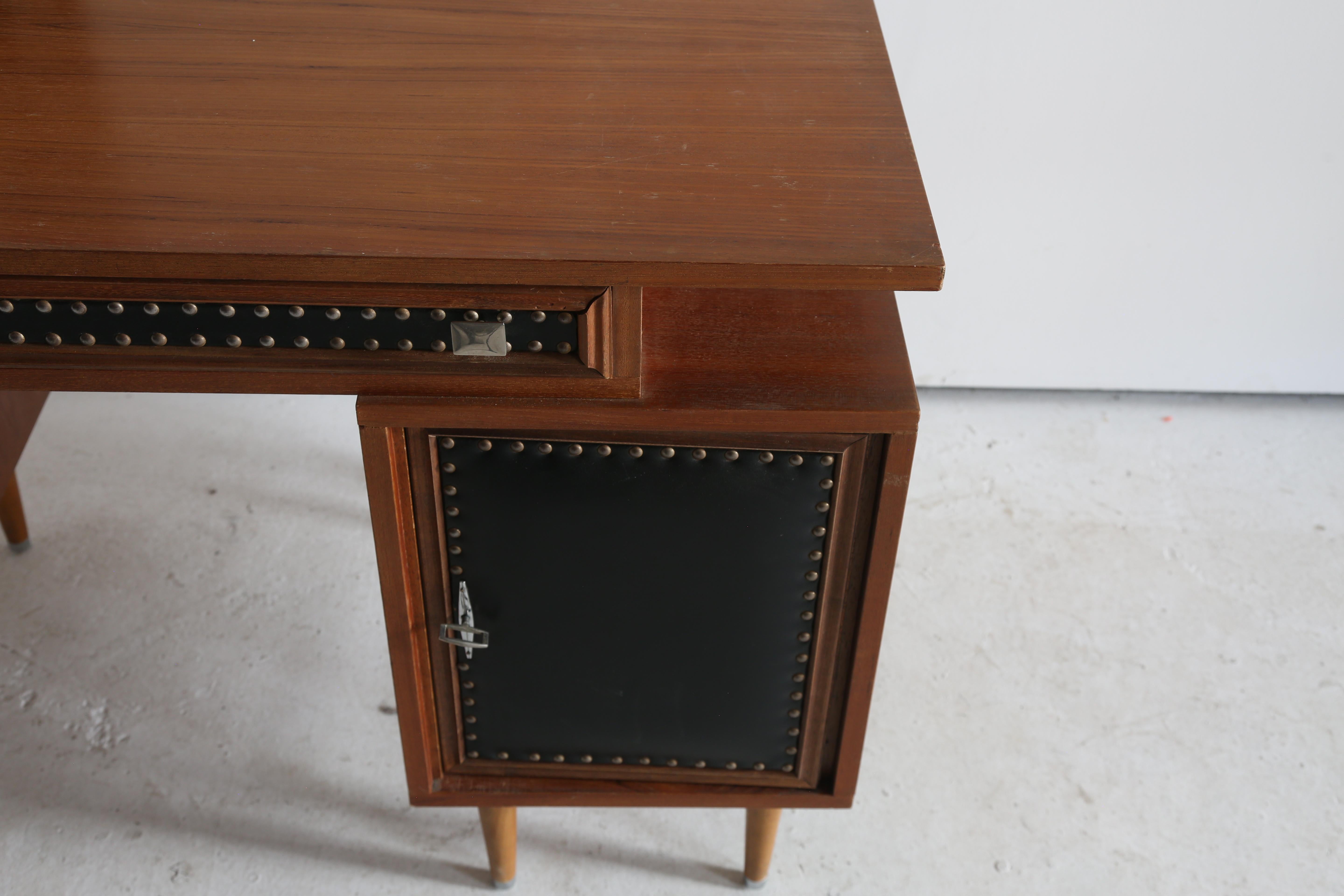 Leather Seventies Studded Teak Desk For Sale