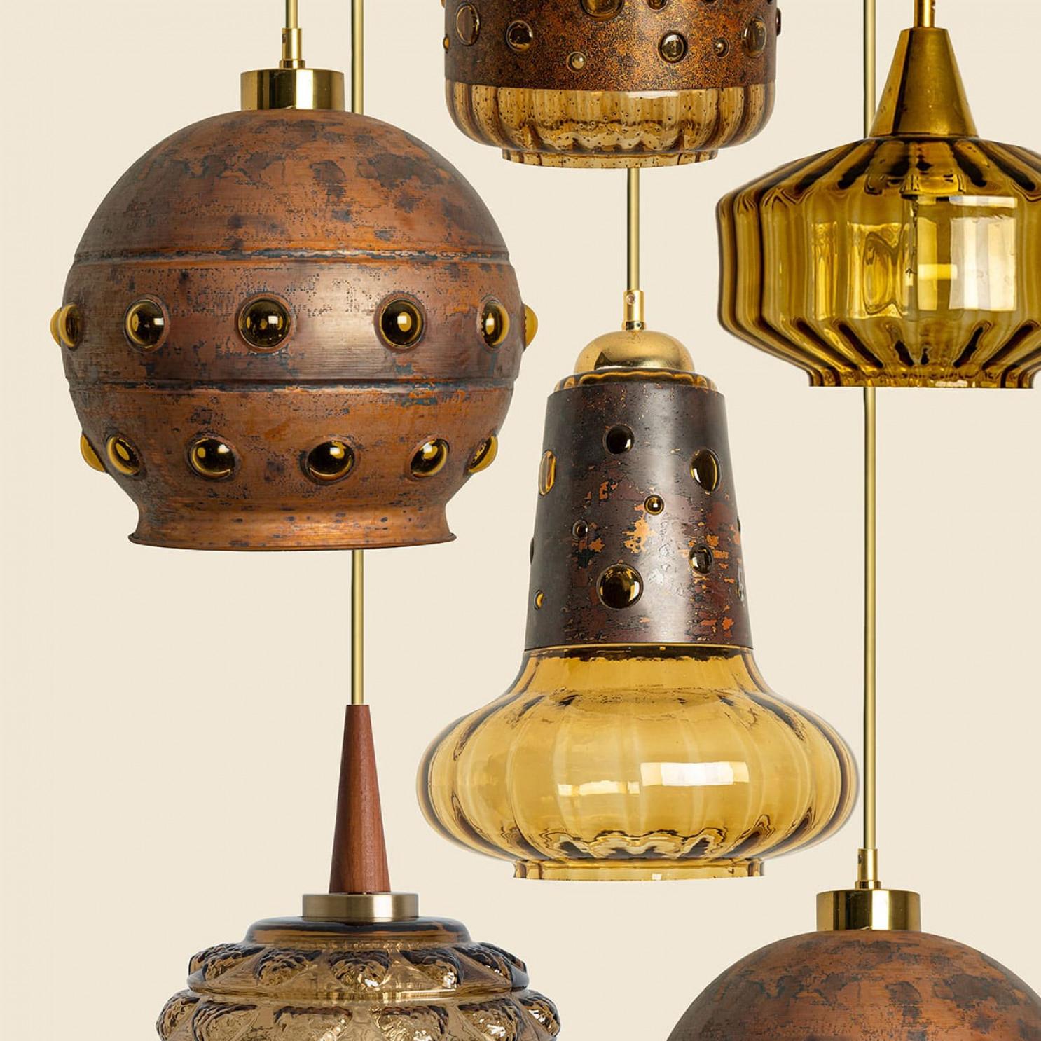 Diverse lampade a sospensione brutaliste in vetro e rame nello stile di Nanny Still, 1960 in vendita 5