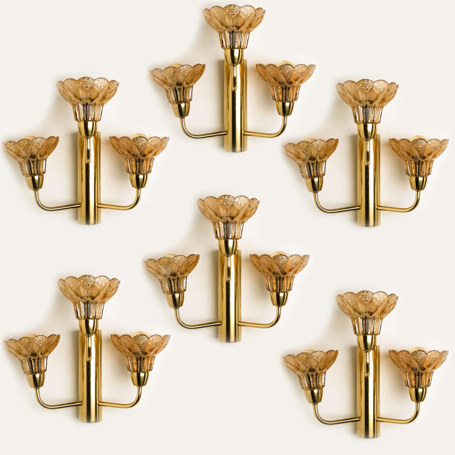 Several Flower Glass and Brass Wall Sconces, Germany, 1960s For Sale 2