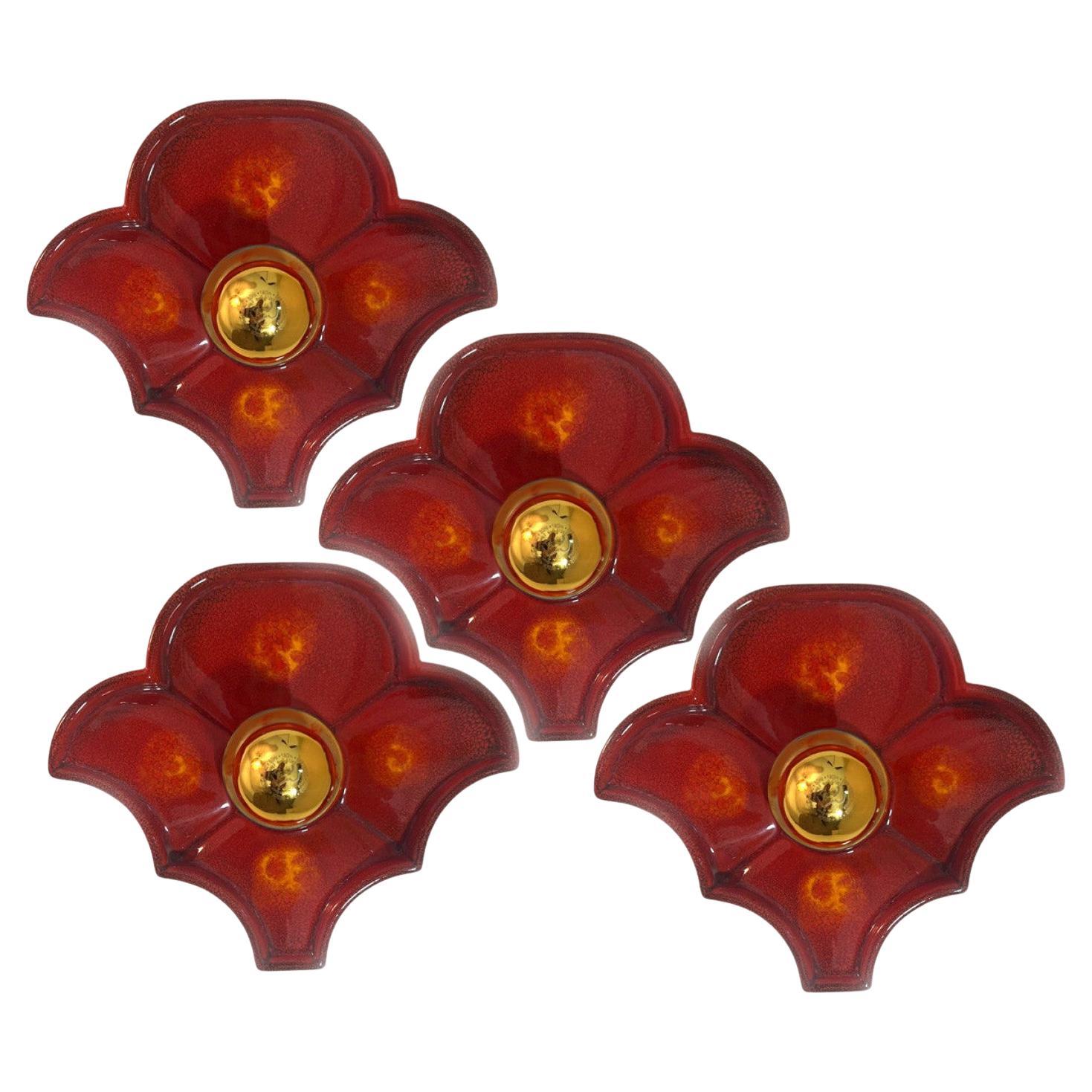 Several Flower Red Ceramic Wall Lights by Hustadt Keramik, Germany, 1970