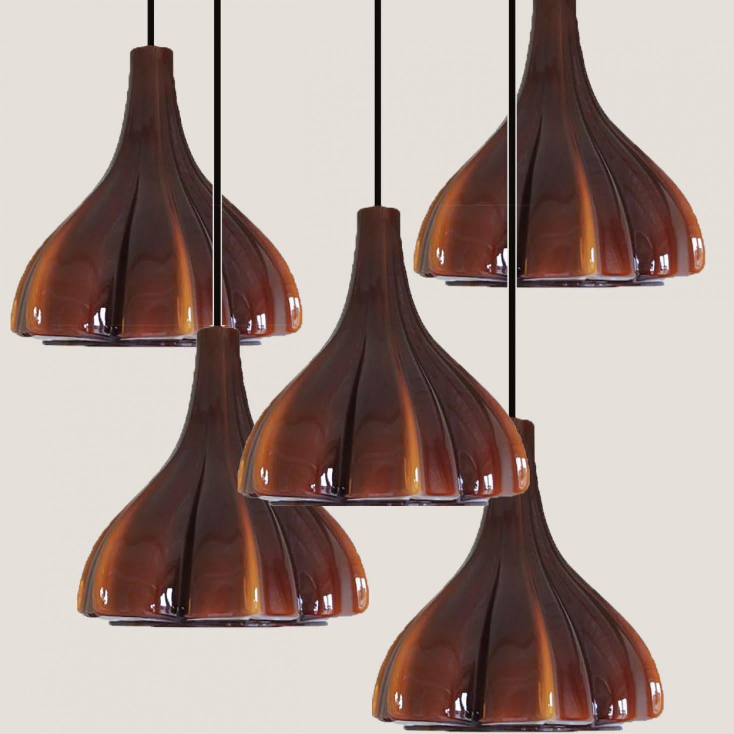 Several Flower shaped Brown Opaque Glass Pendants, Peill Putzler, 1970 For Sale 2