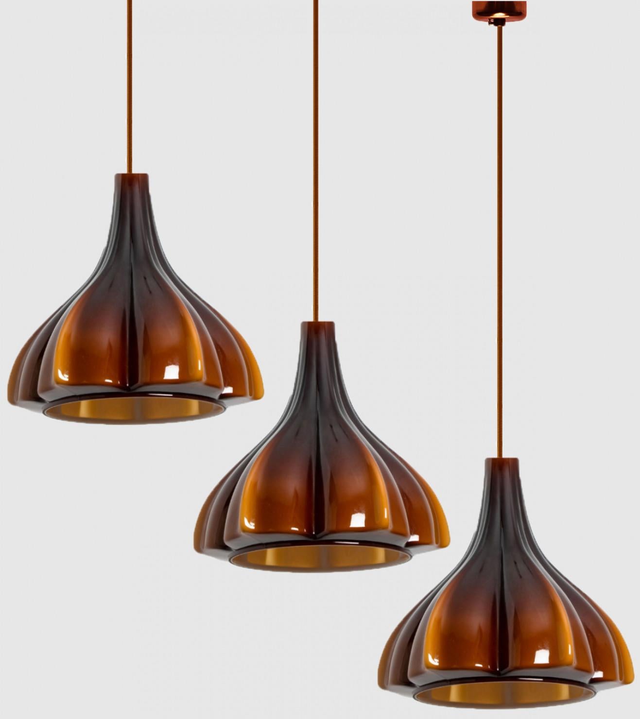 Several Flower shaped Brown Opaque Glass Pendants, Peill Putzler, 1970 For Sale 3