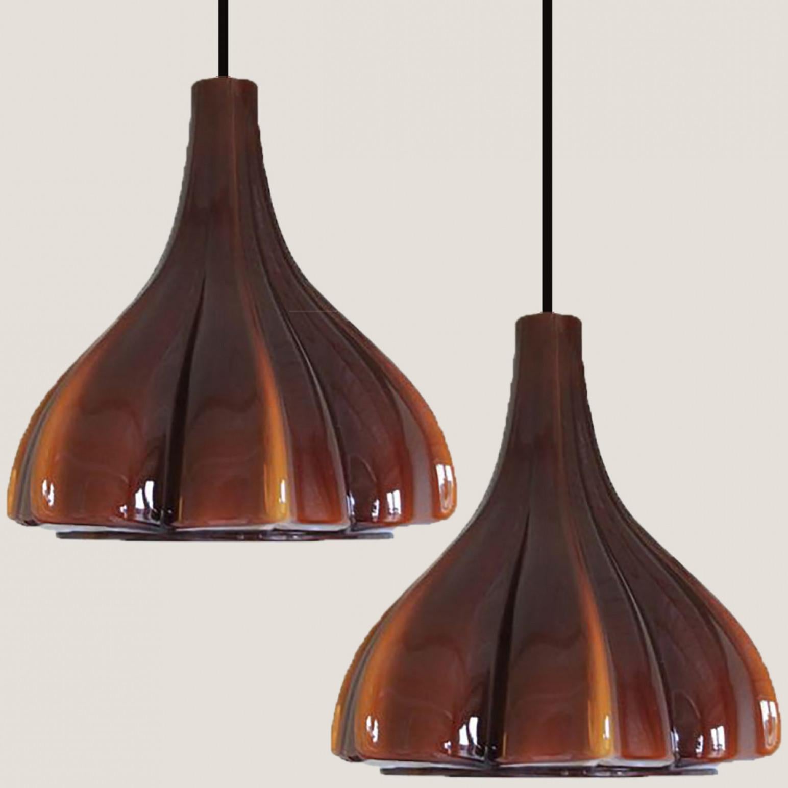 Space Age Several Flower shaped Brown Opaque Glass Pendants, Peill Putzler, 1970 For Sale