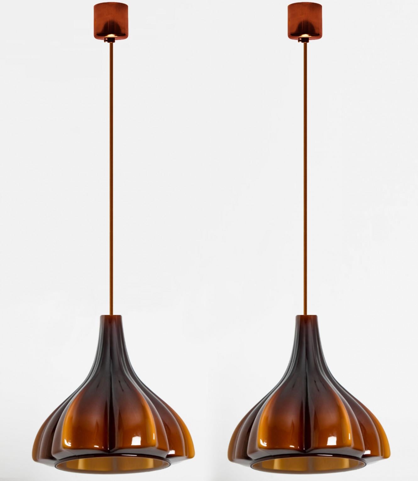 20th Century Several Flower shaped Brown Opaque Glass Pendants, Peill Putzler, 1970 For Sale