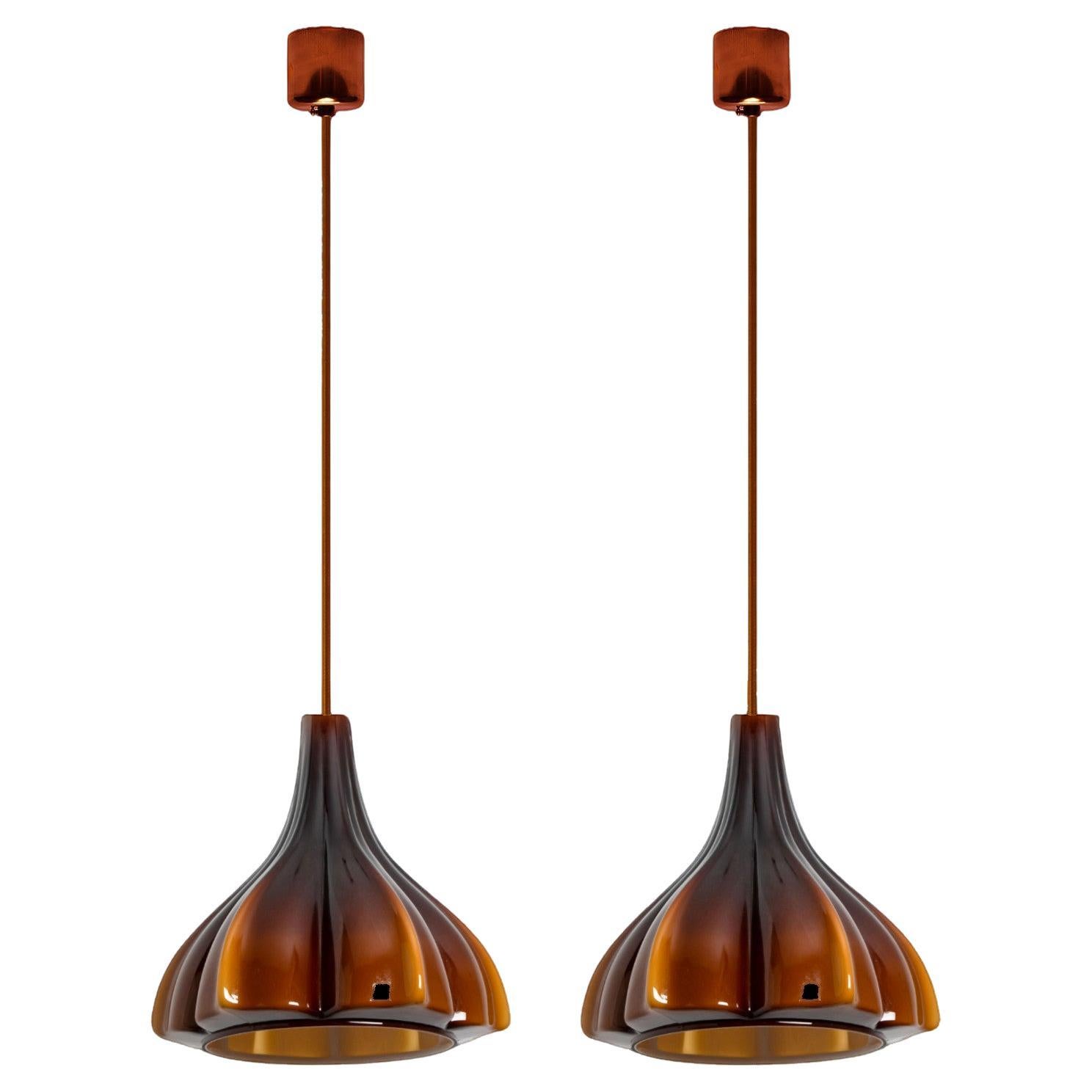 Several Flower shaped Brown Opaque Glass Pendants, Peill Putzler, 1970 For Sale