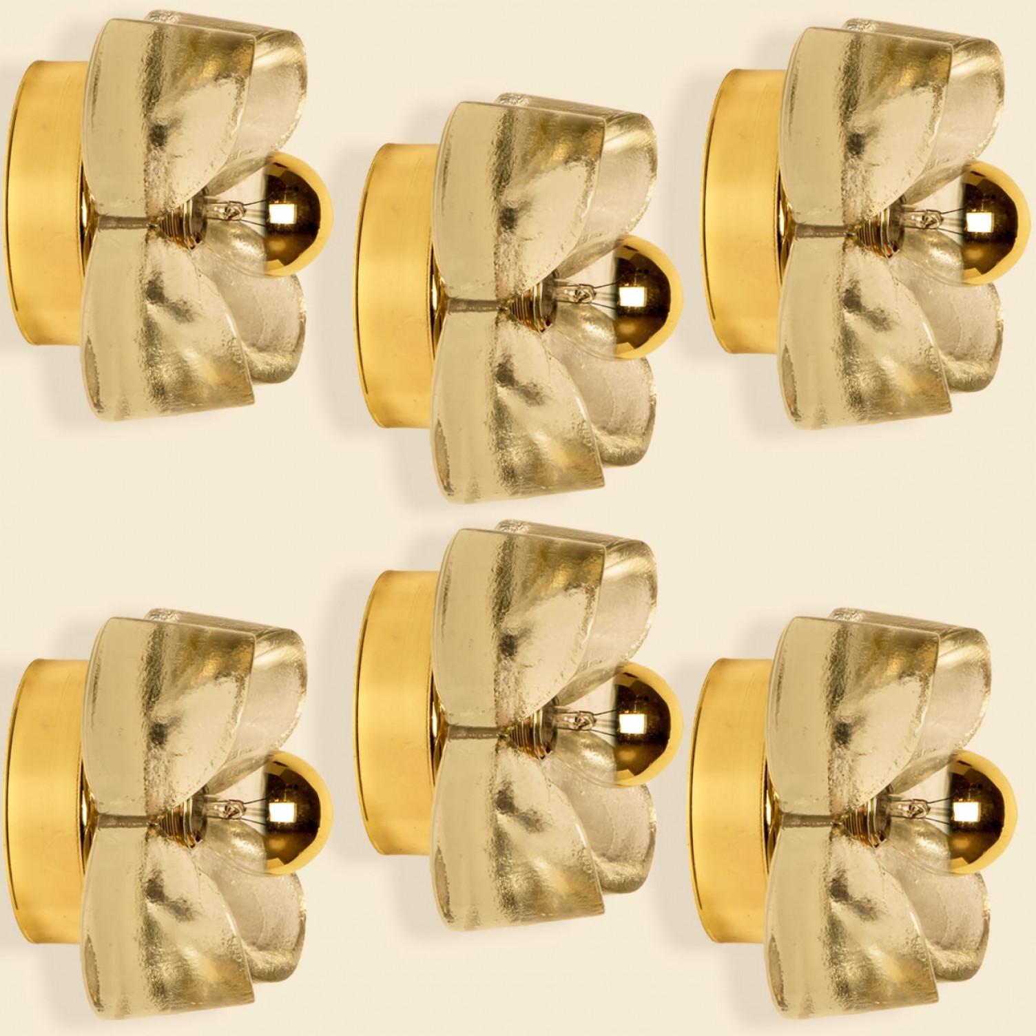 1 der 8 Blumenwandleuchten, Messing und Glas von Sische Lighting, ca. 1970er Jahre, Deutschland. Jede dieser Wandleuchten besteht aus einem Glasblumenschirm, der durch runde Metallringe mit einem quadratischen Messingsockel verschraubt ist.