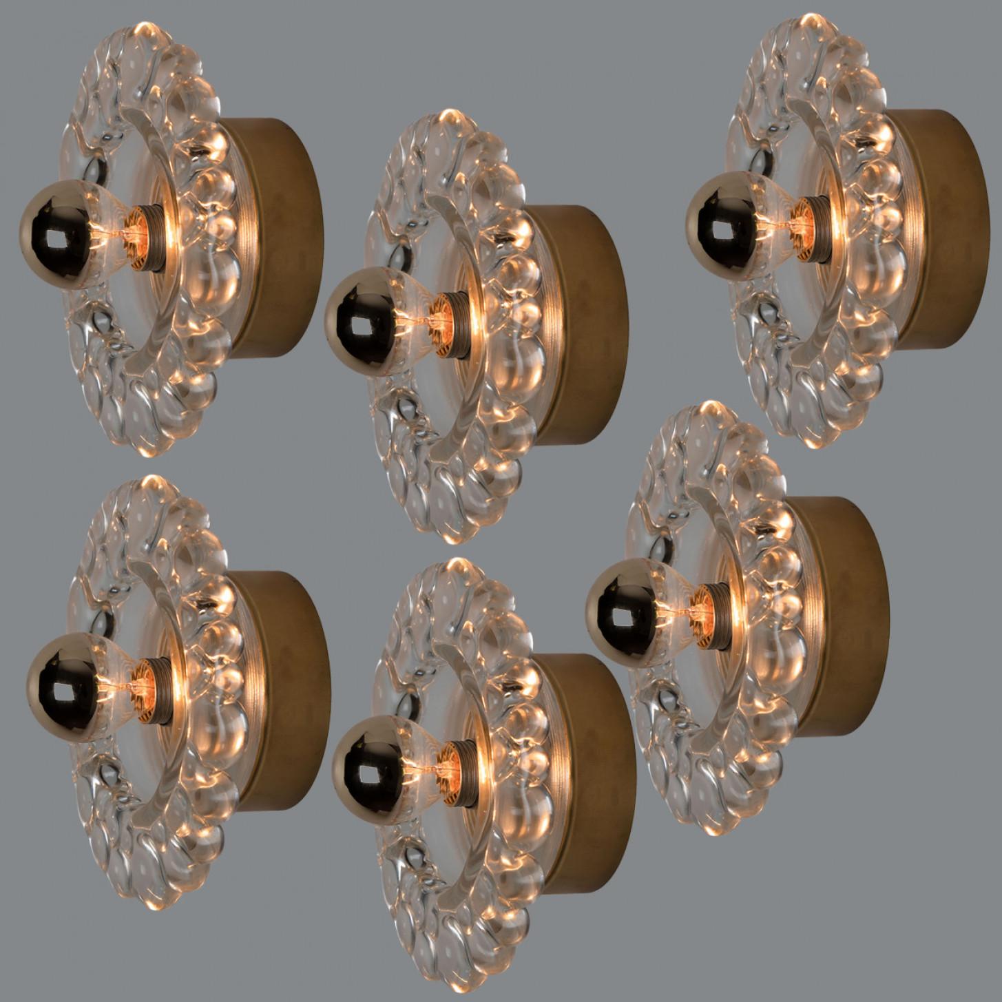 Several Glass and Brass Wall lamps by Hillebrand, Germany, 1960’s For Sale 1