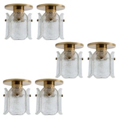 Several Hillebrand Brass and Frosted Glass Flush Mount, 1970s