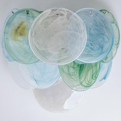 Several Large Murano Blue White Green Glass Discs and Brass Wall Light, Italy