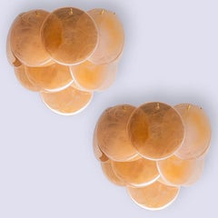 Several Large Murano Brown Glass Discs and Brass Wall Lights, Italy