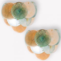 Several Large Murano Brown Green Glass Discs and Brass Wall Light, Italy