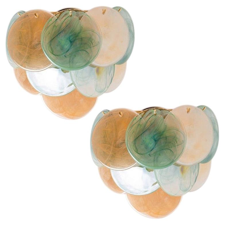 Varios discos grandes de cristal verde marrón de Murano y aplique de latón, Italia en venta