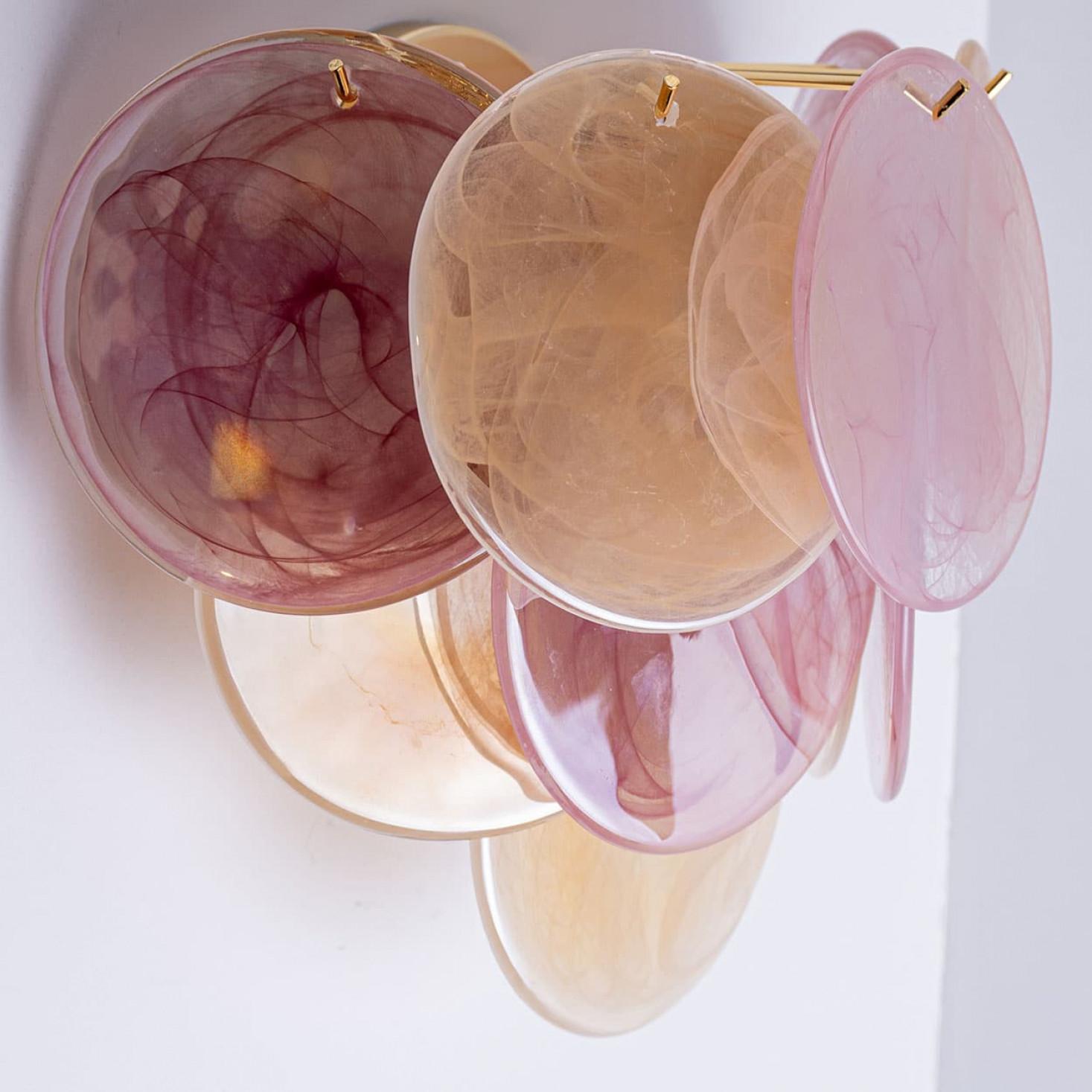 Several Large Murano Pink and Brown Glass Discs and Brass Wall Light, Italy en vente 2