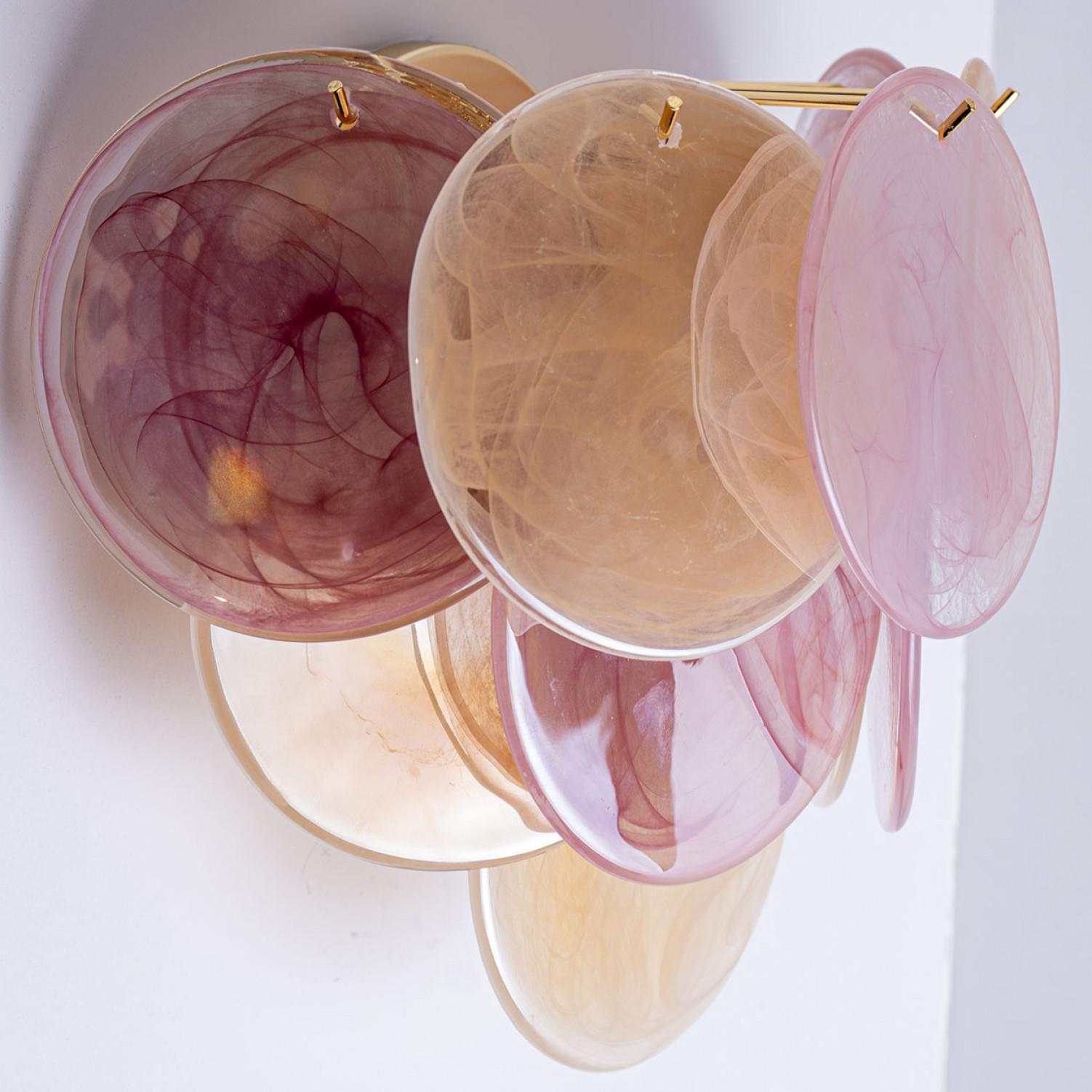 Several Large Murano Pink and Brown Glass Discs and Brass Wall Light, Italy en vente 3