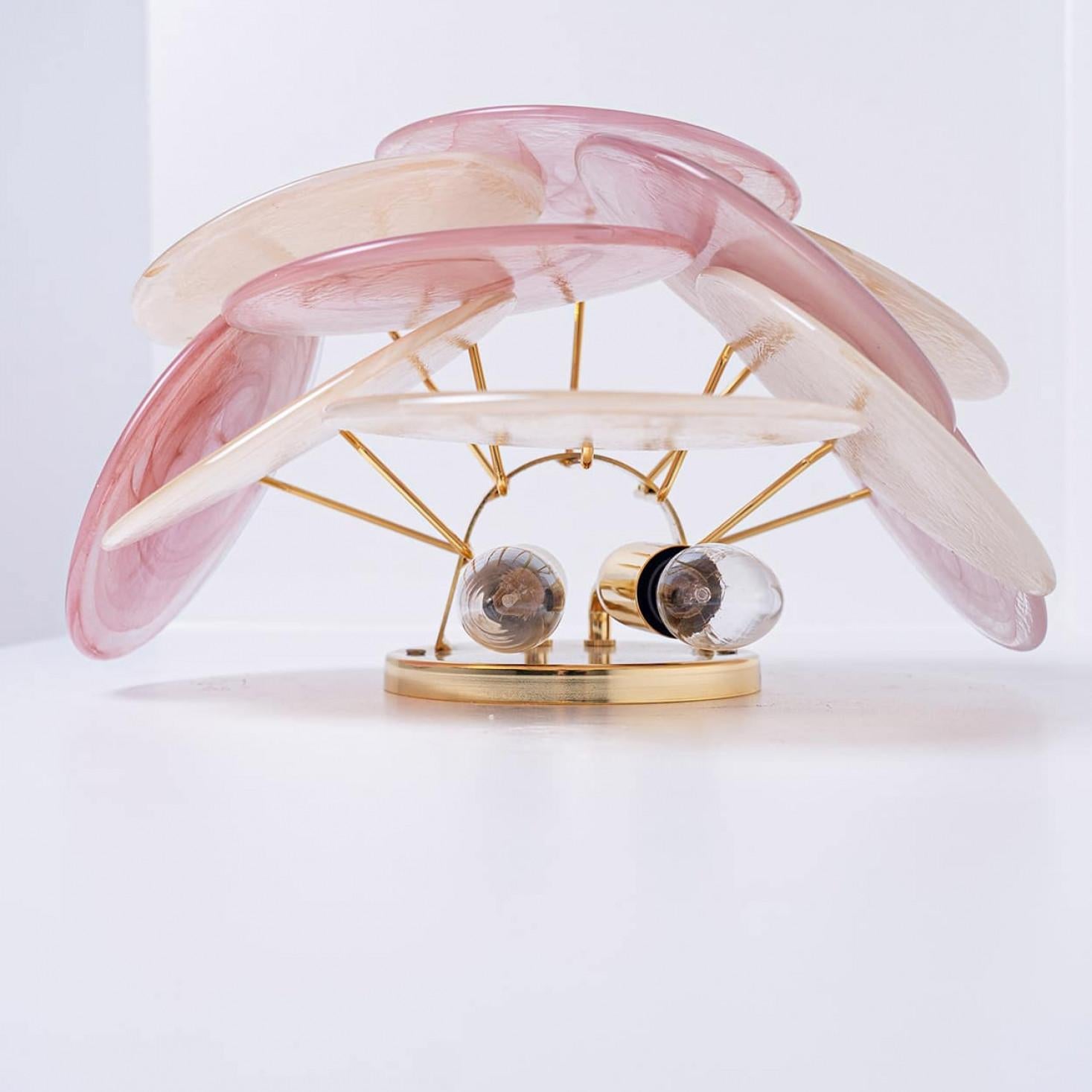 Mehrere große Murano-Scheiben aus rosa und braunem Glas und Wandleuchte aus Messing, Italien (Moderne der Mitte des Jahrhunderts) im Angebot