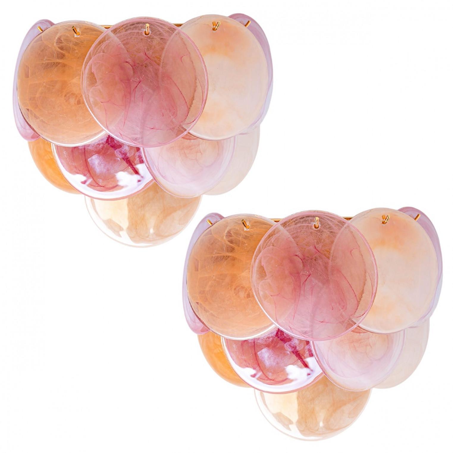 Several Large Murano Pink and Brown Glass Discs and Brass Wall Light, Italy Bon état - En vente à Rijssen, NL