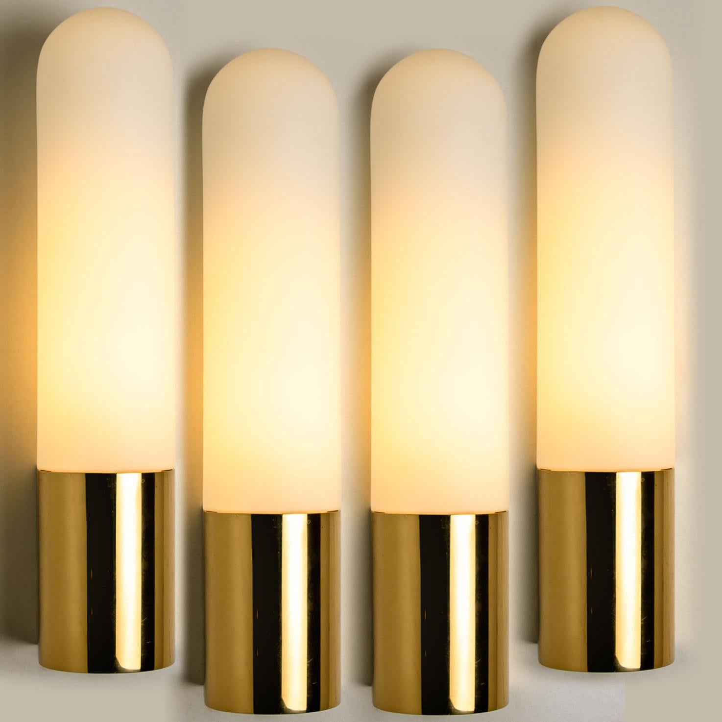 Late 20th Century Several Opaque Glass / Brass Wall Lights by Limburg, Germany, 1970s For Sale