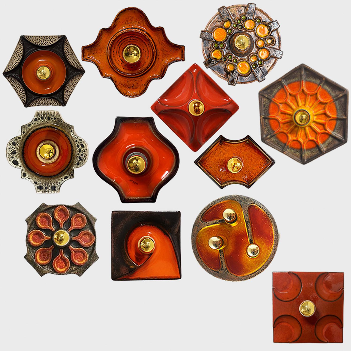 Several Orange Brown Toned Mixed Wall Lights in Glazed Ceramic Style, 1970 For Sale 7