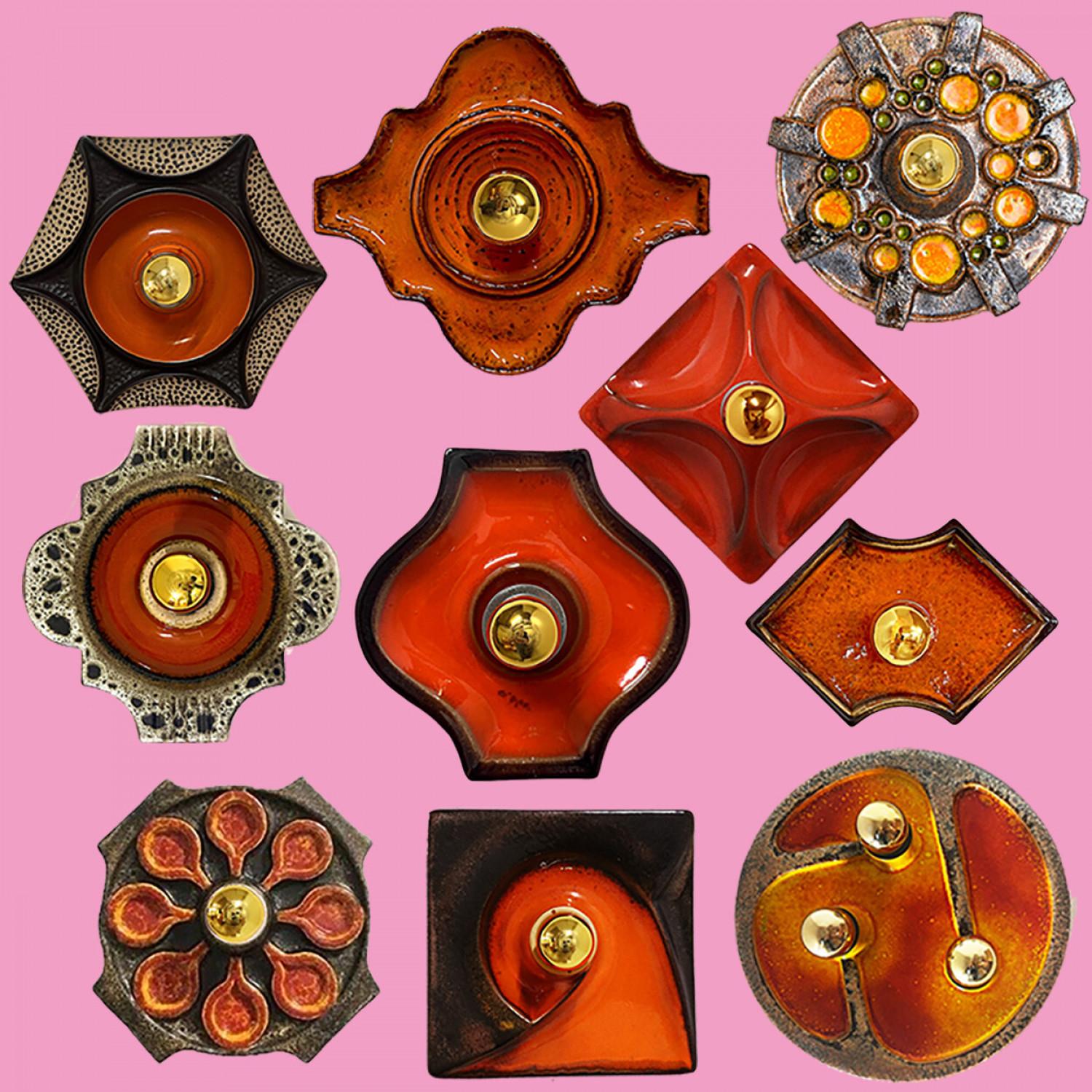 German Several Orange Brown Toned Mixed Wall Lights in Glazed Ceramic Style, 1970 For Sale