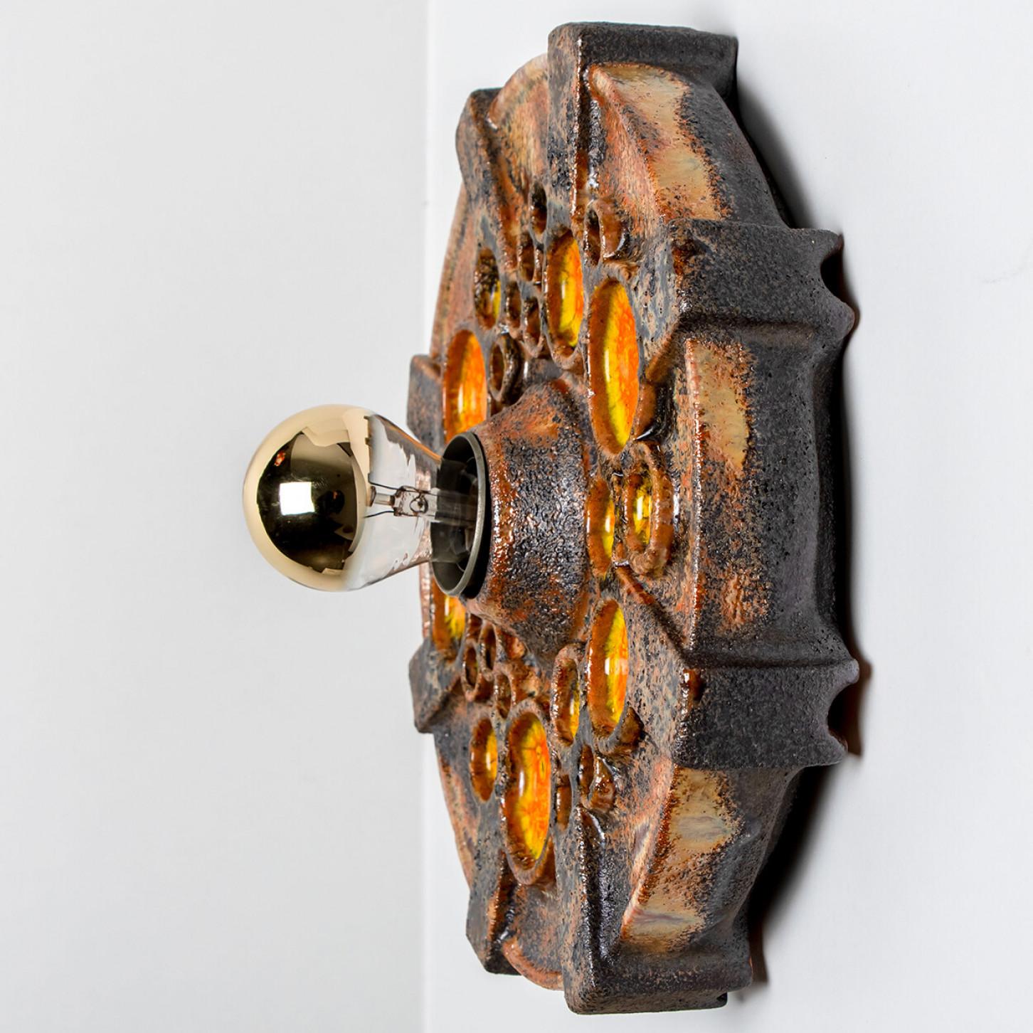 Several Orange Brown Toned Mixed Wall Lights in Glazed Ceramic Style, 1970 In Good Condition For Sale In Rijssen, NL