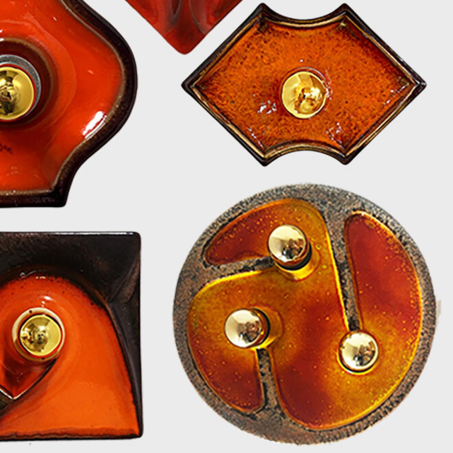 20th Century Several Orange Brown Toned Mixed Wall Lights in Glazed Ceramic Style, 1970 For Sale