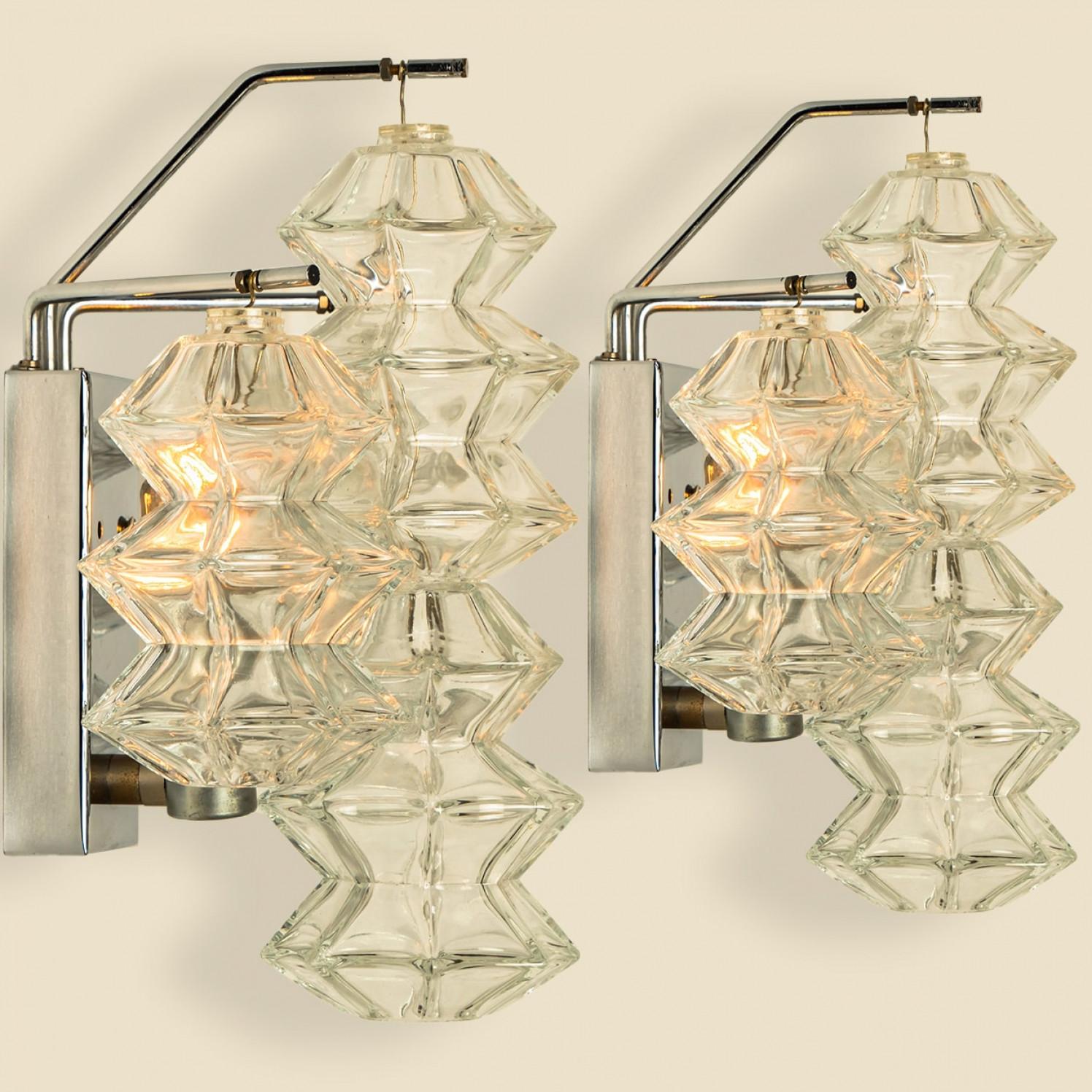Mid-Century Modern Several Pagoda Chrome and Glass Sconces Wall Lights by Kalmar, Vienna 1969 For Sale